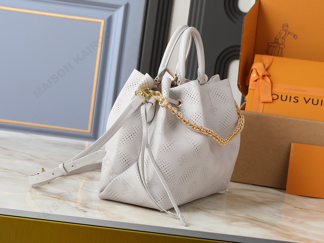 Louis Vuitton LV Mahina Bella Tote Grey Circle Perforated Monogram Leather Drawstring Bucket Top Handle Bag - KAIROO
