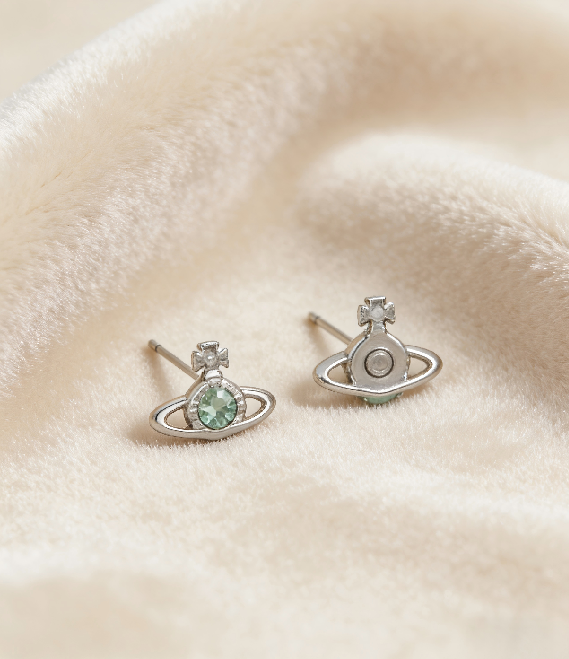 2026 New Vivienne Westwood Silver Tone Green Crystal Mini Saturn Orb Stud Earrings for Women, Trendy Y2K Aesthetic Dainty Jewelry, Perfect for Daily & Party Wear