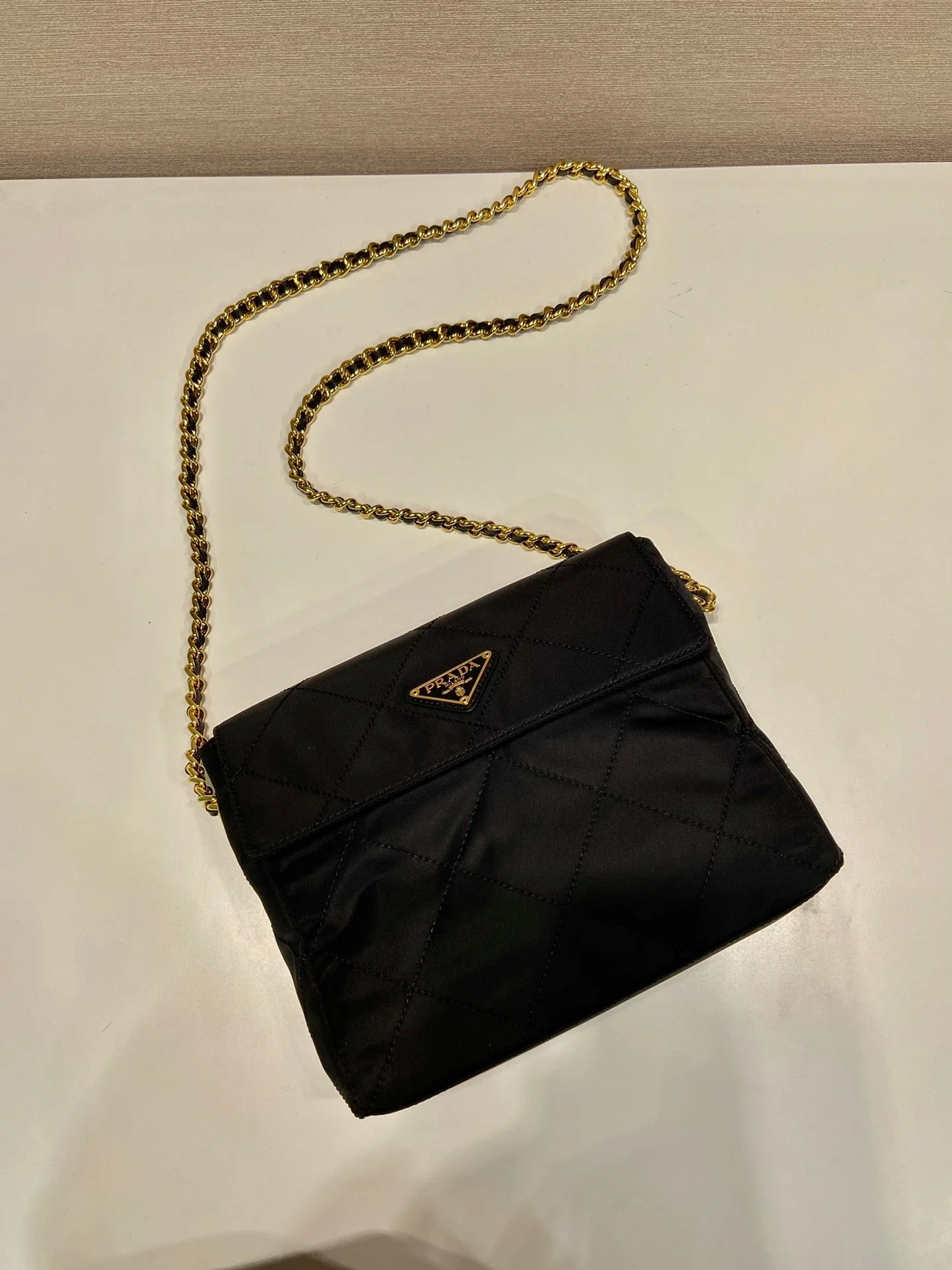 Prada LARGE QUILTED FLAP BAG 23 IN BLACK RE-NYLON FABRIC GOLD CHAIN