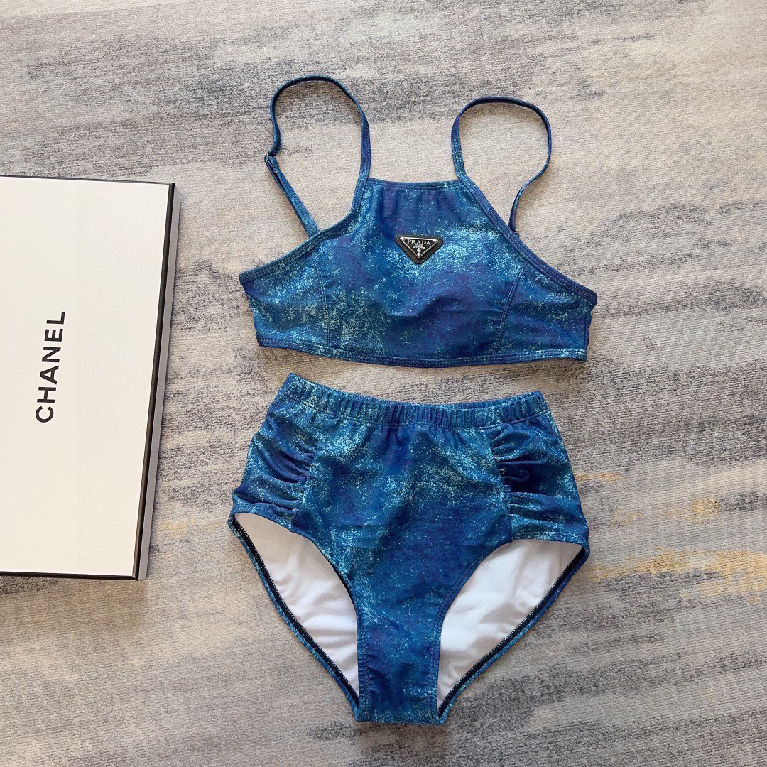 Prada Tri-logo Print Blue Denim Effect Halter High-waist Bikini Two-Piece Swimsuit - KAIROO