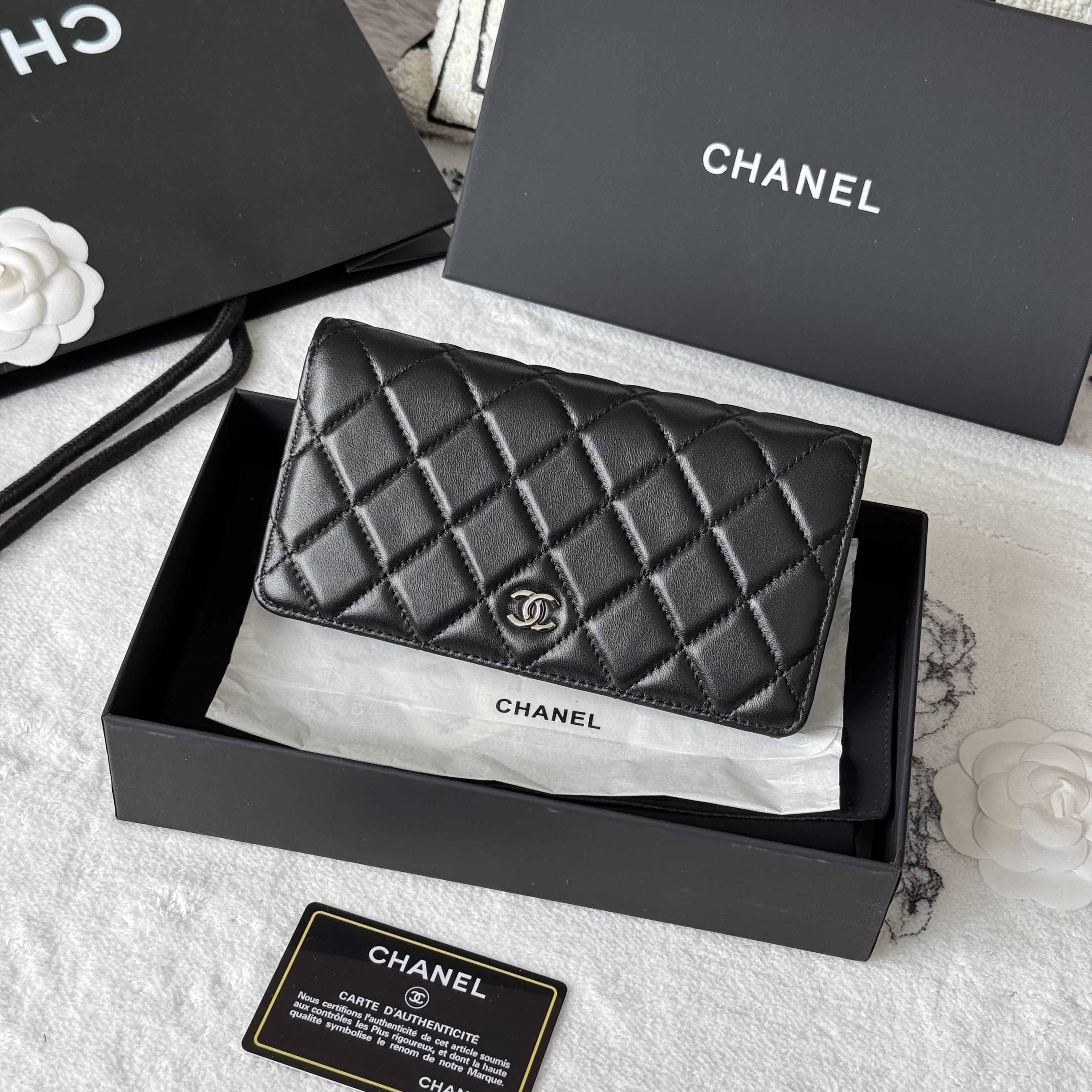 Chanel Classic Long Folded Wallet in Black Lambskin