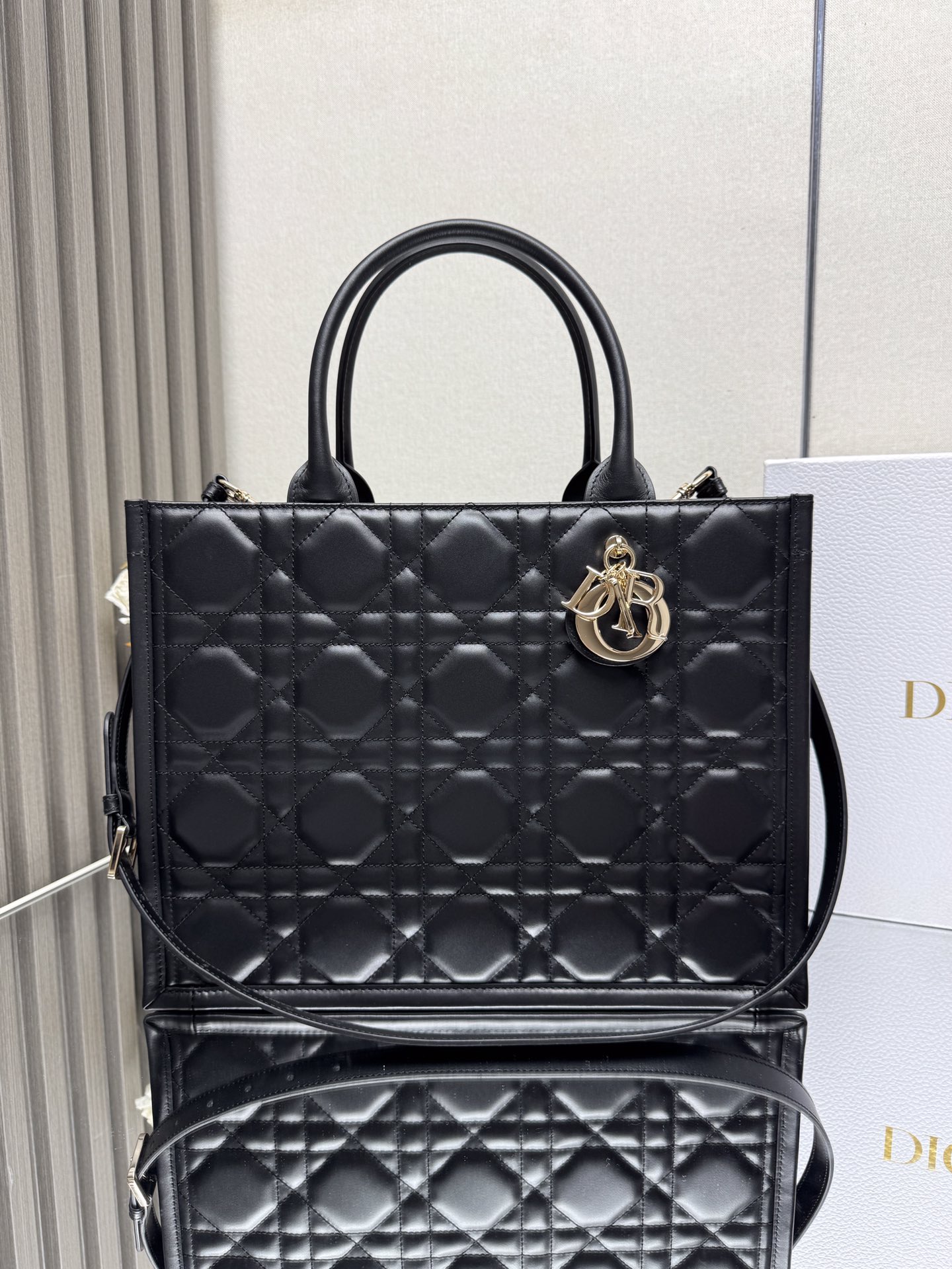 Dior Medium Black Leather Book Tote with shoulder strap