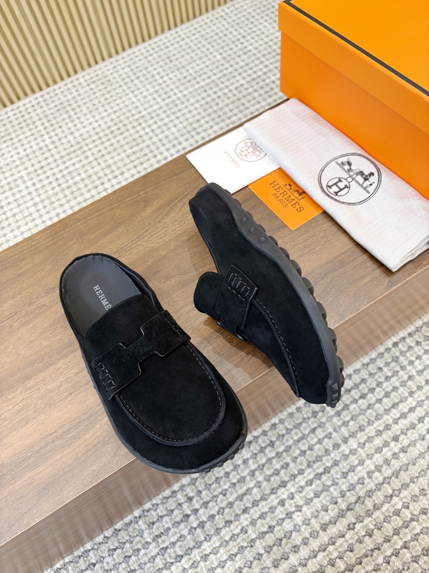 Hermès Black H Cut-Out Suede Leather Go Loafer Mules - KAIROO