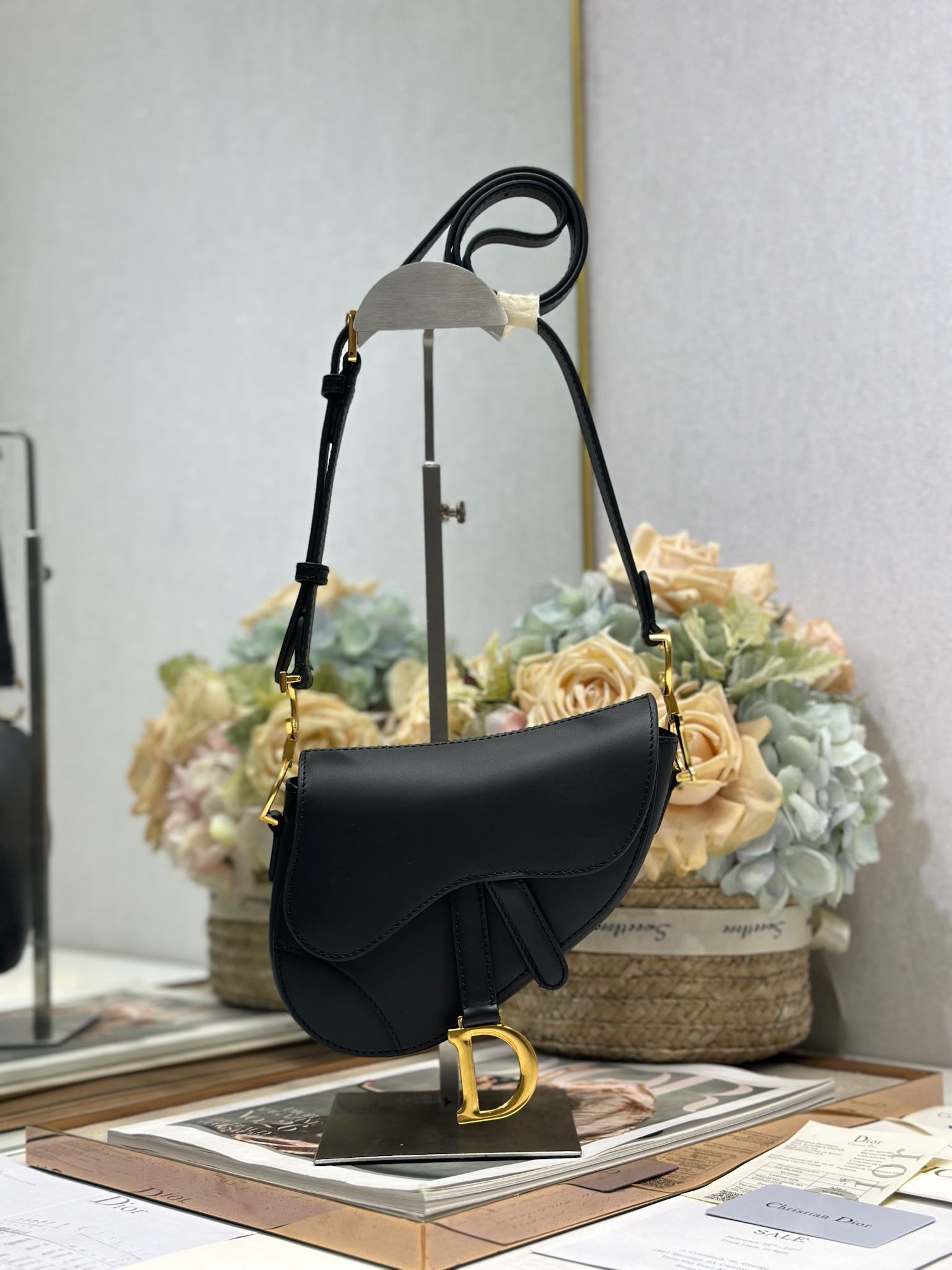Dior Mini Soft Saddle Shoulder Bag in Black Smooth leather