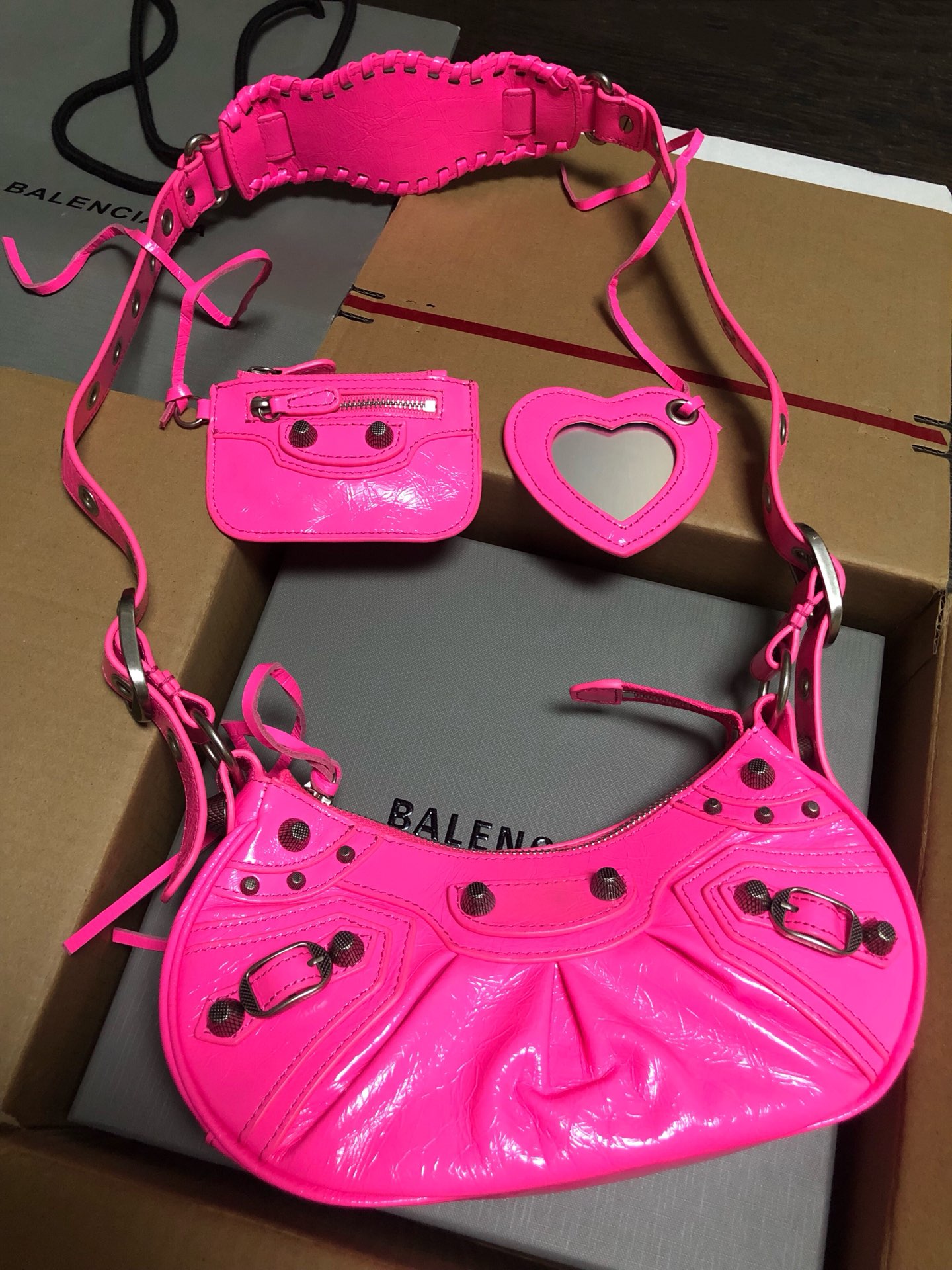 Balenciaga Le Cagole Neon Pink Limited Crinkled Leather Studded Purse & Heart Mirror Charm Hobo Shoulder Bag - KAIROO