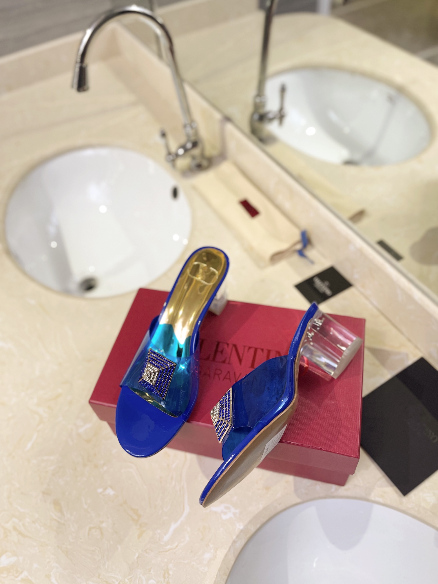 Valentino Rockstud Spike Blue Leather Insole Square Crystal Stud Clear PVC Strap Block Slip-on Mules Heels - KAIROO