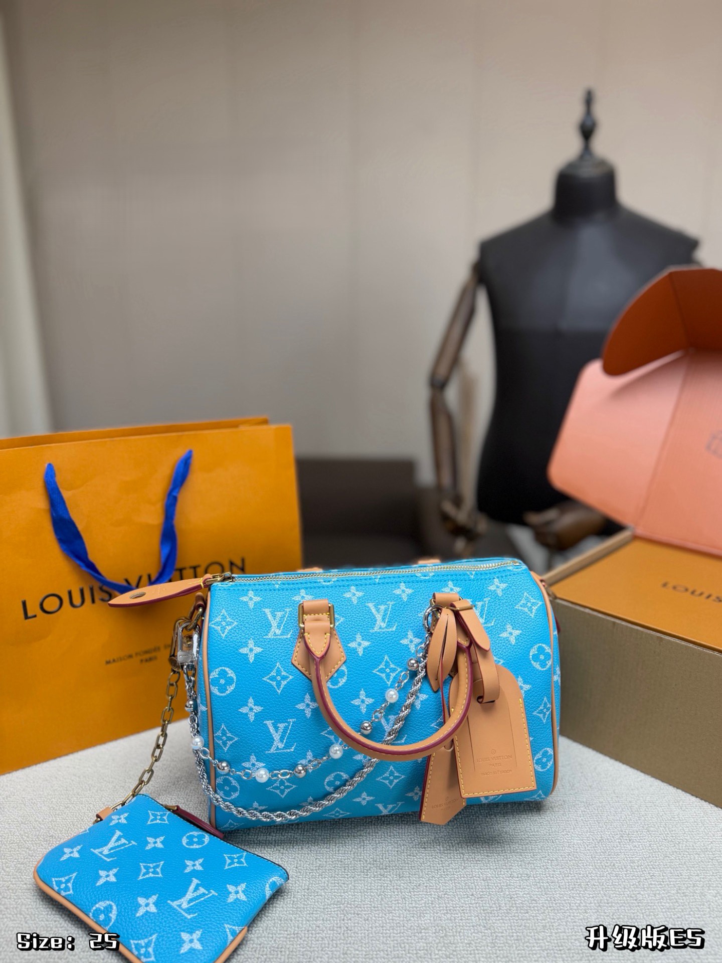 Louis Vuitton x Pharrell Williams LV Speedy 25 P9 Brass Plaque Monogram Pearls Chain Boston Top Handle Bag With Pouch - KAIROO