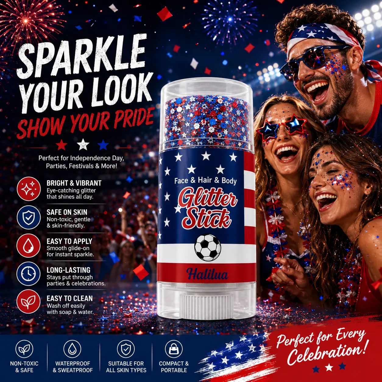 Limited Edition 2026 USA Glitter Stick - Zero-Mess Red, White & Blue Holographic Body & Hair Sparkle for 250th Anniversary
