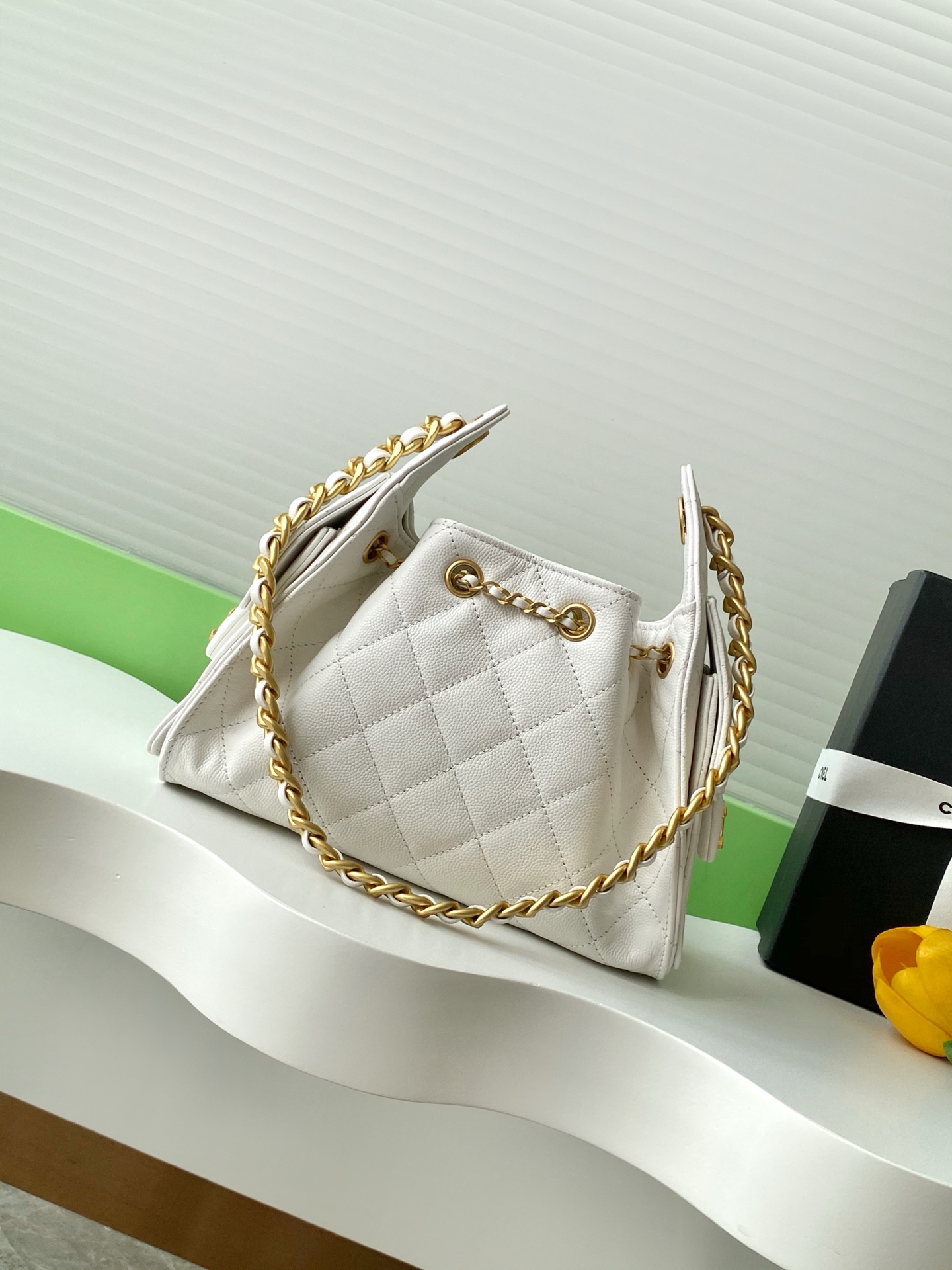 Chanel 25 Mini Handbag in White Grained Calfskin