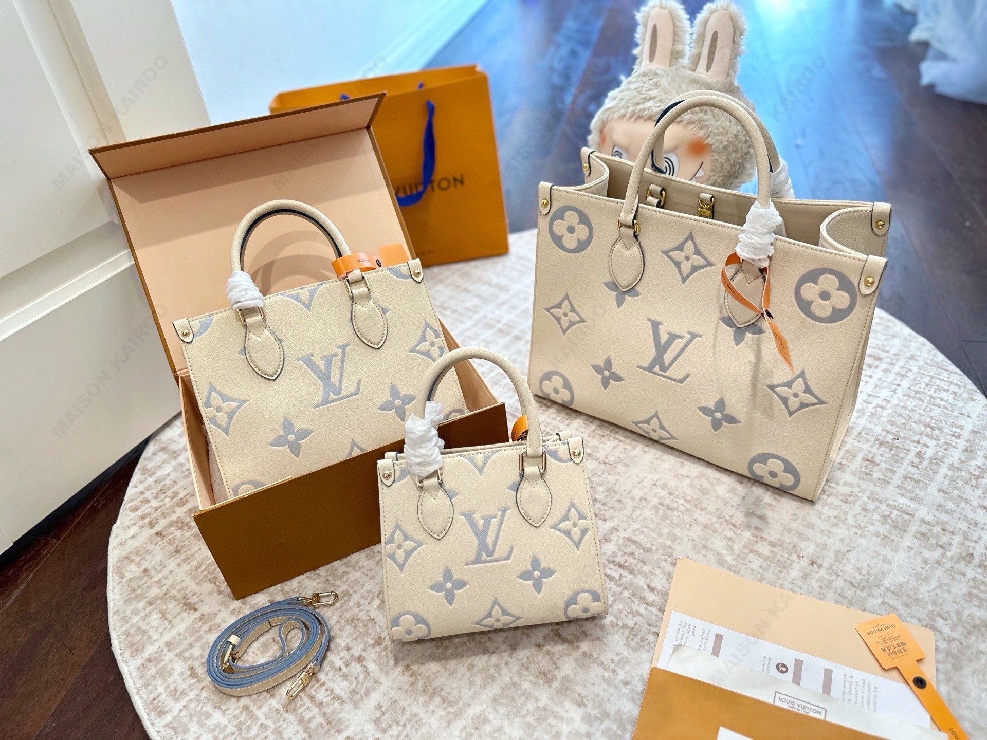 Louis Vuitton LV OnTheGo BB/PM/MM Cream Blue Giant Monogram Empreinte Leather Top Handle Tote Bag - KAIROO