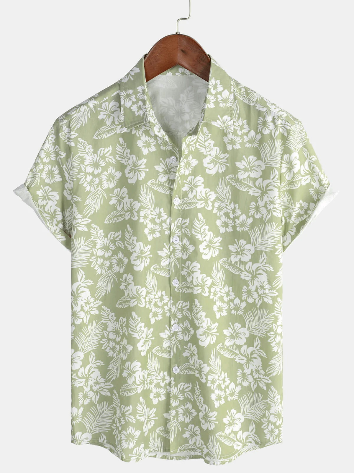 Men's Green Cotton Hawaiian Summer Floral Button-Up Short Sleeve Shirt