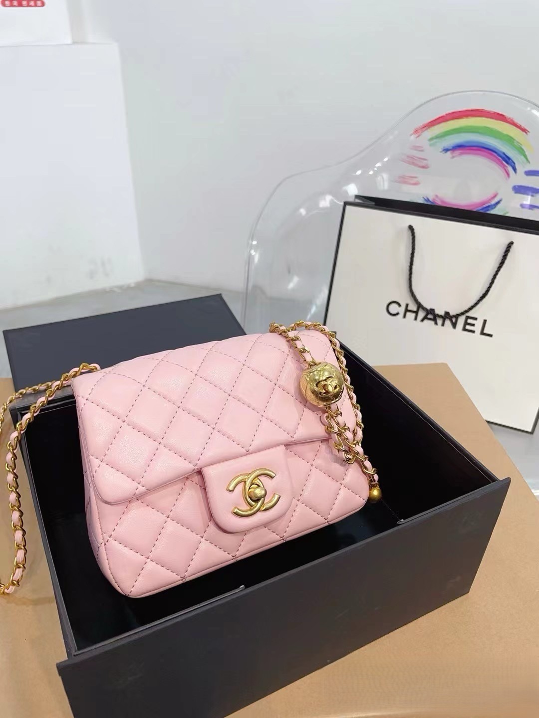 Chanel Mini Square CF 17CM Gold Ball Pearl Crush Quilted Leather Flap Chain Shoulder Bag - KAIROO