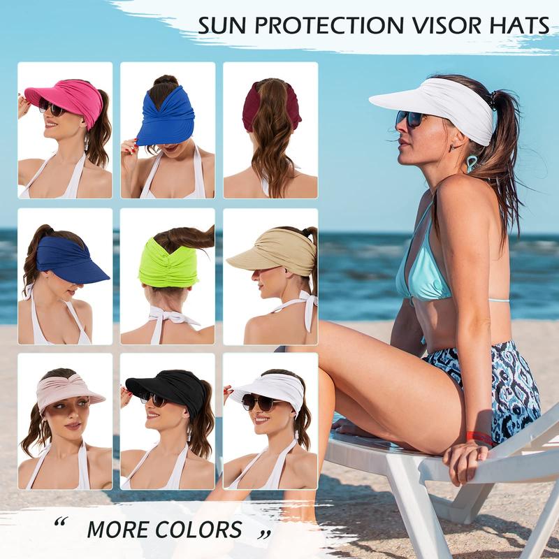 Women's UPF 50+ Wide Brim Sun Visor - Roll-Up High Ponytail Beach Hat with Moisture-Wicking Sweatband