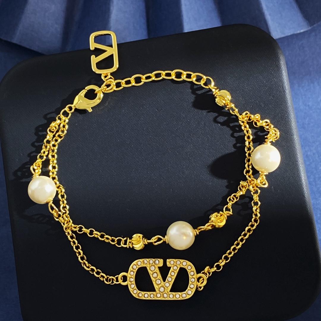 Valentino VLogo Signature Crystal Pearl Pave Gold Silver Finish Metal Chain Bracelet With Extender Chain - KAIROO
