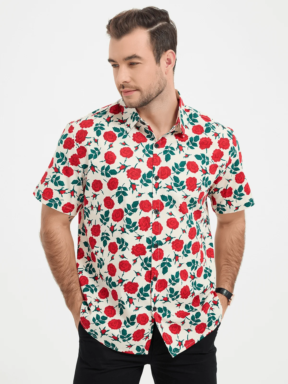 Men's Pink Print Cotton Breathable Summer Short Sleeve Shirt