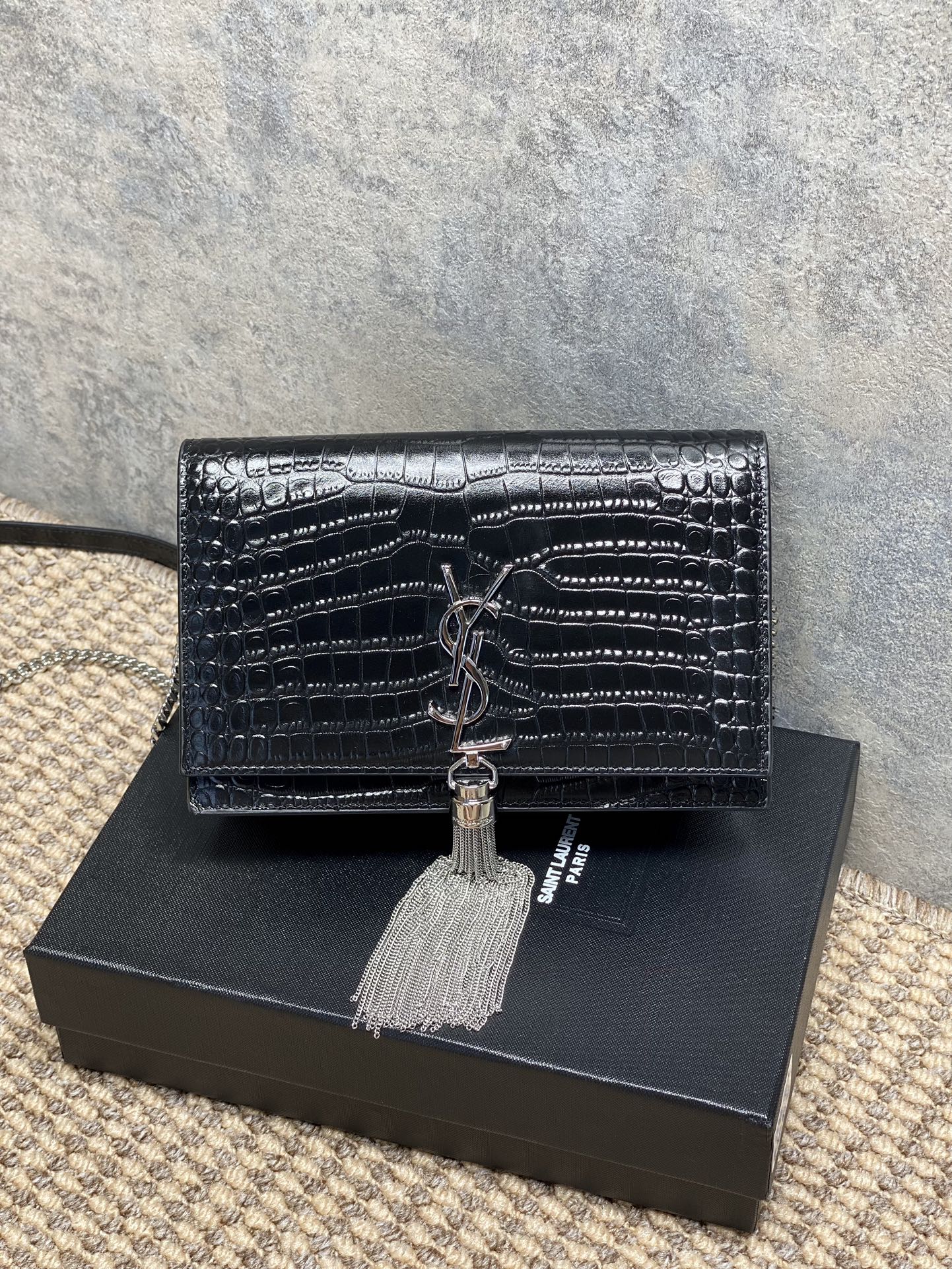 Saint Laurent Rectangular Croc-Embossed Leather Chain Shoulder Bag with Silver Tassel - KAIROO