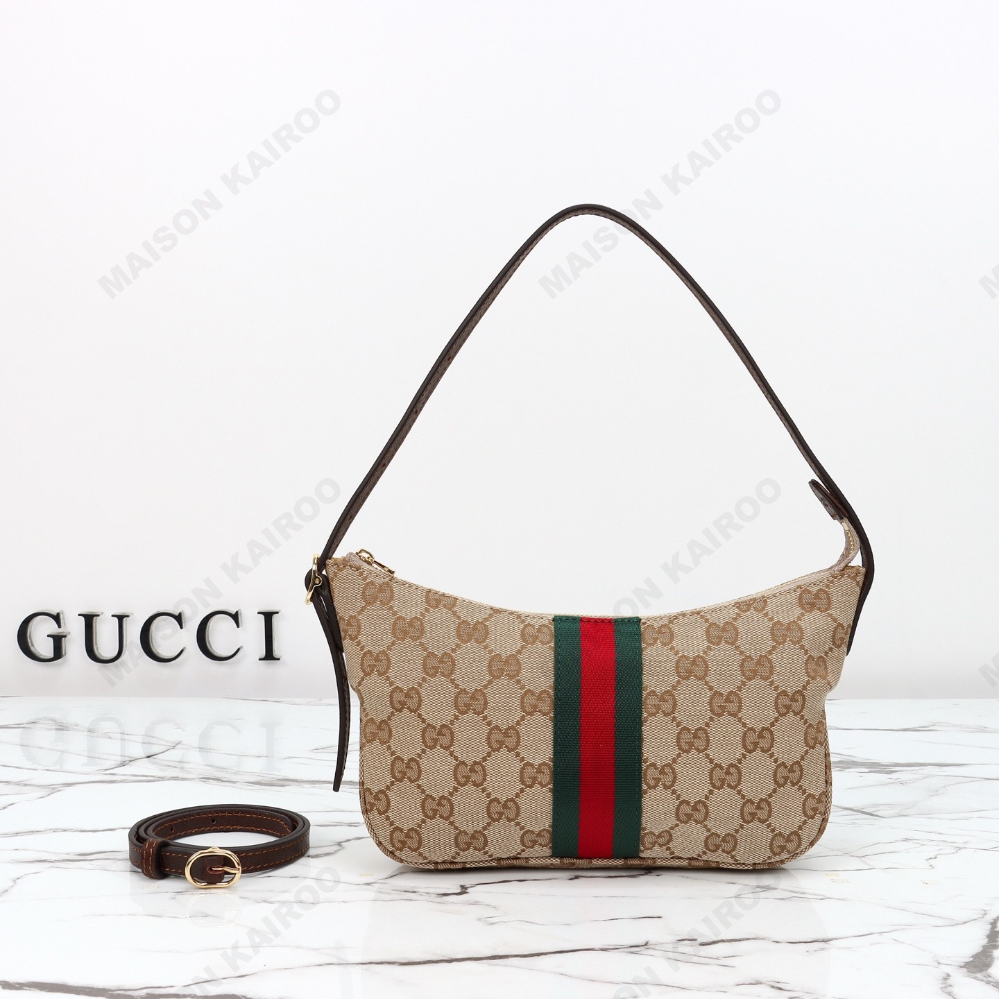 【10A】Gucci Small Lunetta Ophidia Classic GG Canvas Web Stripe Moon Hobo Shoulder Bag - KAIROO