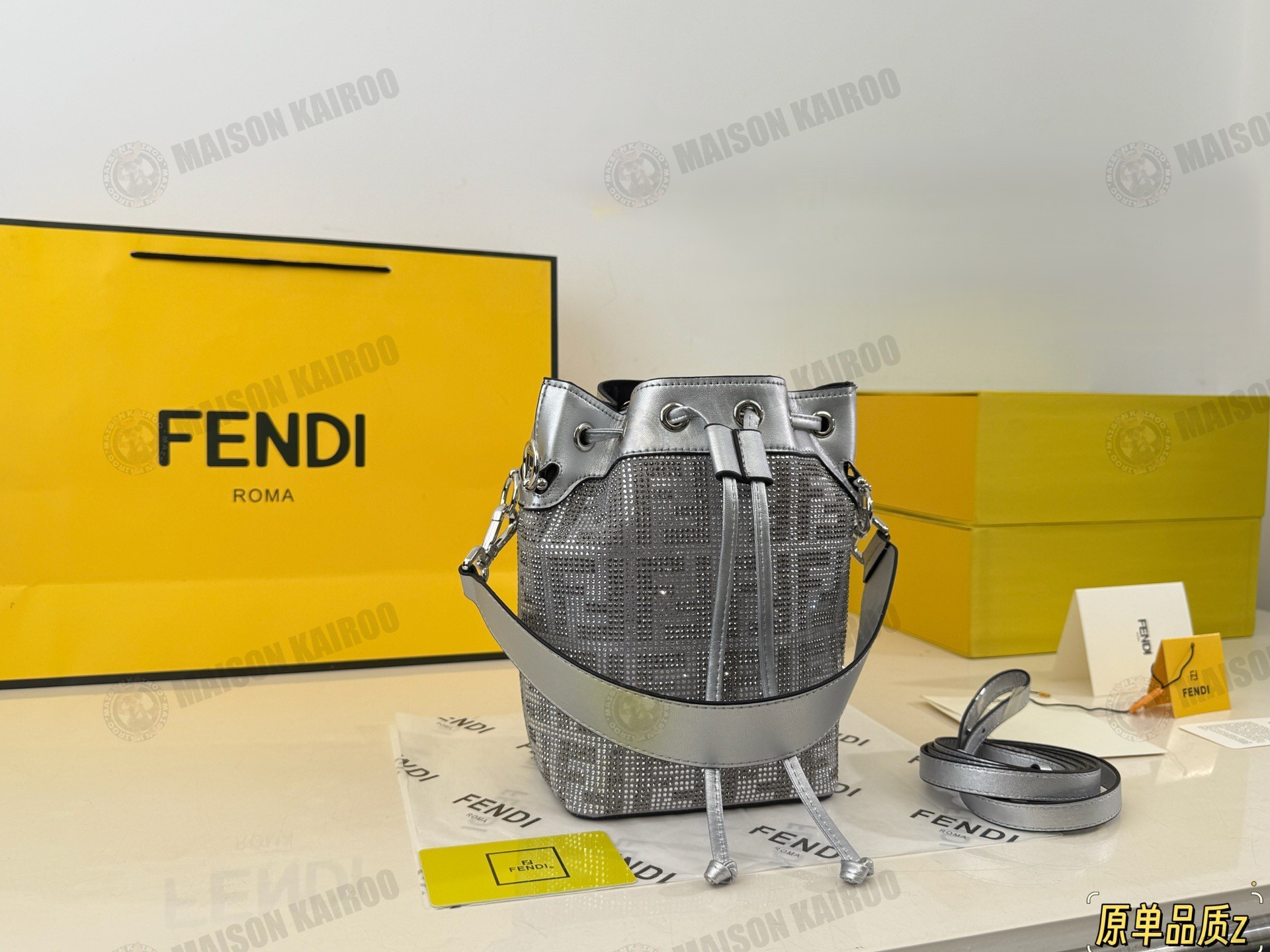 Fendi FF Mon Tresor Mini Silver Crystal Rhinestone Metallic Leather Bucket Shoulder Bags - KAIROO