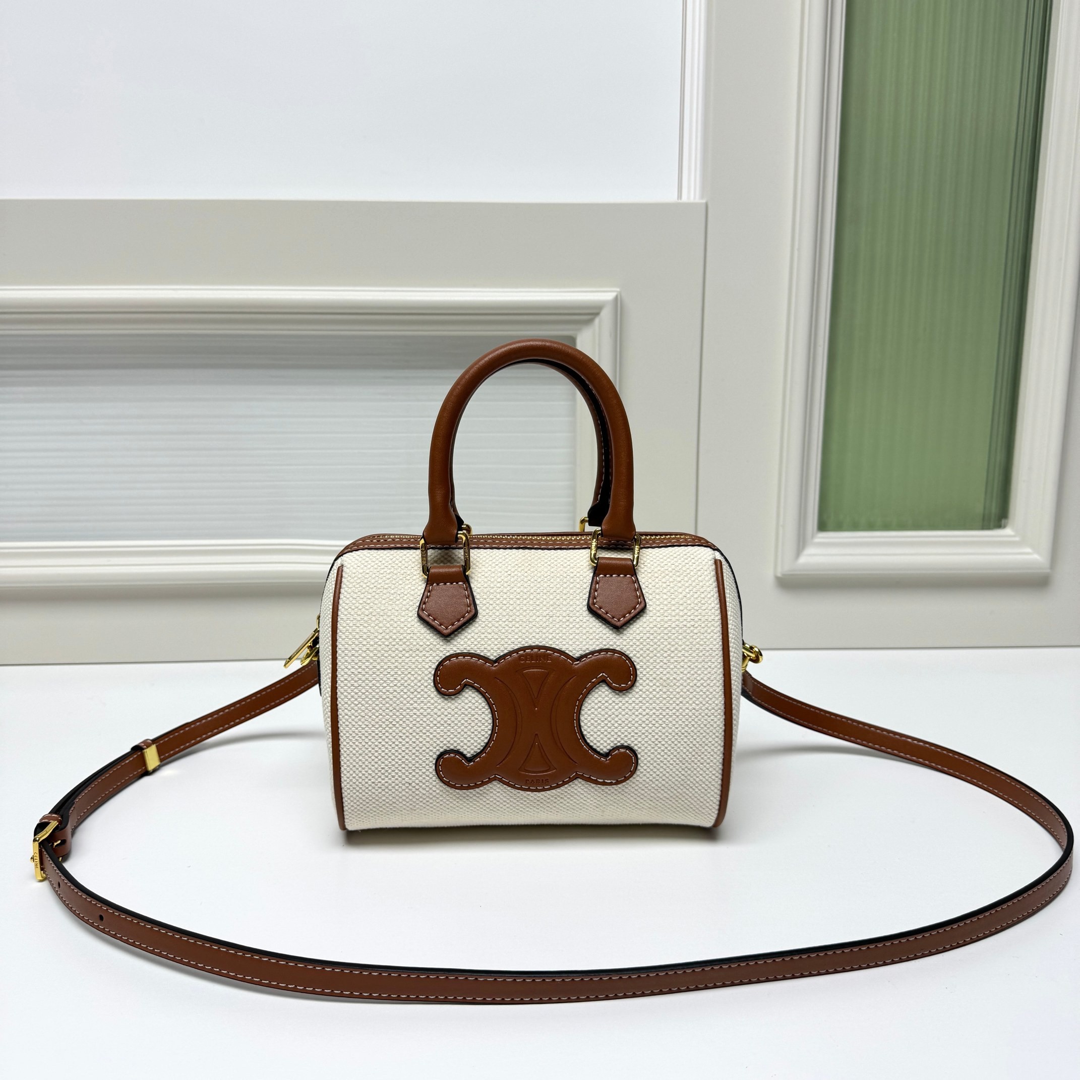 Celine Small Cream Triomphe Patch Canvas Leather Trim Handle Doctor Boston Bag - KAIROO
