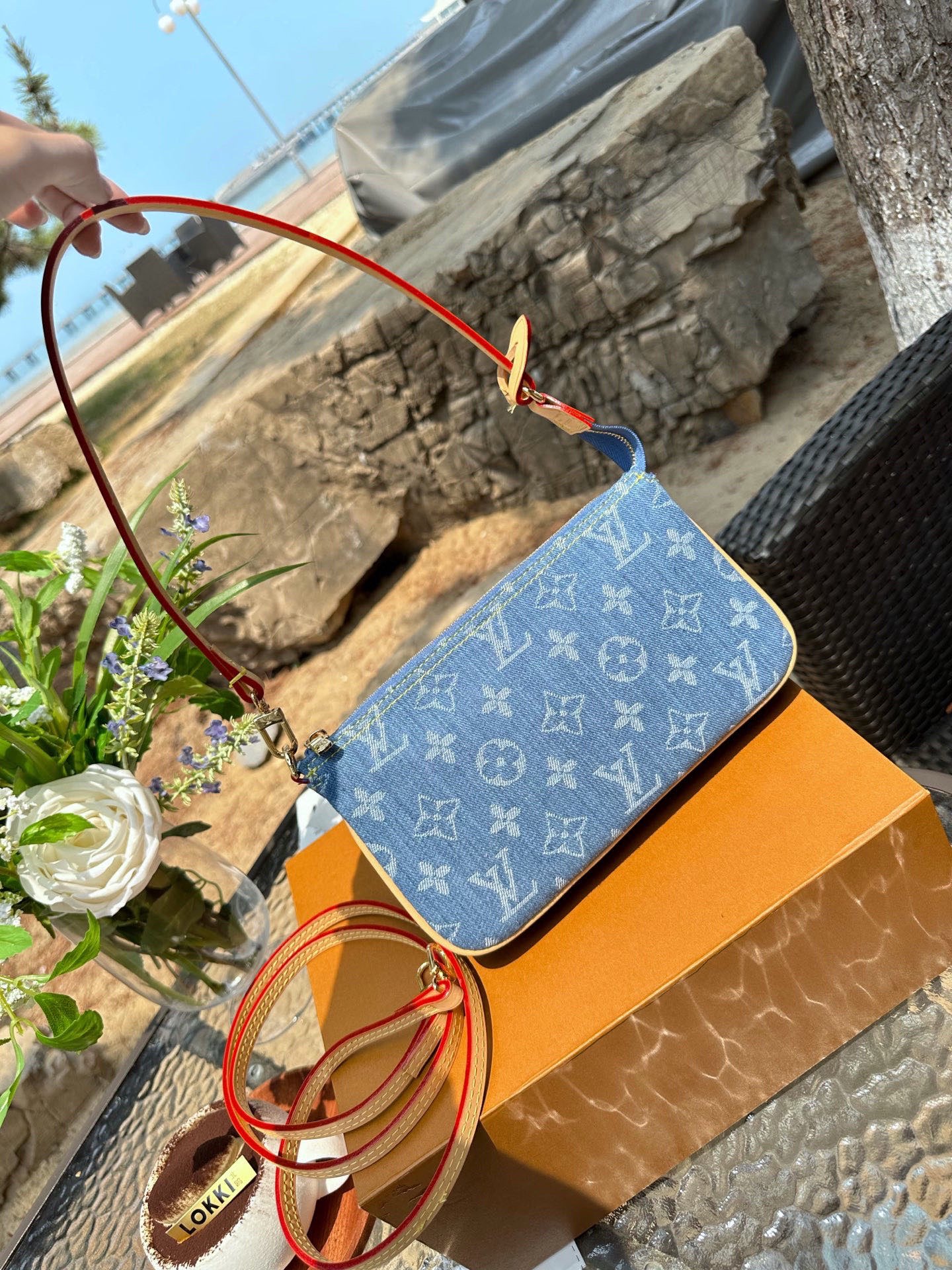 Louis Vuitton Monogram Jacquard Denim Hills Pochette Leather Strap Hobo Shoulder Bag - KAIROO