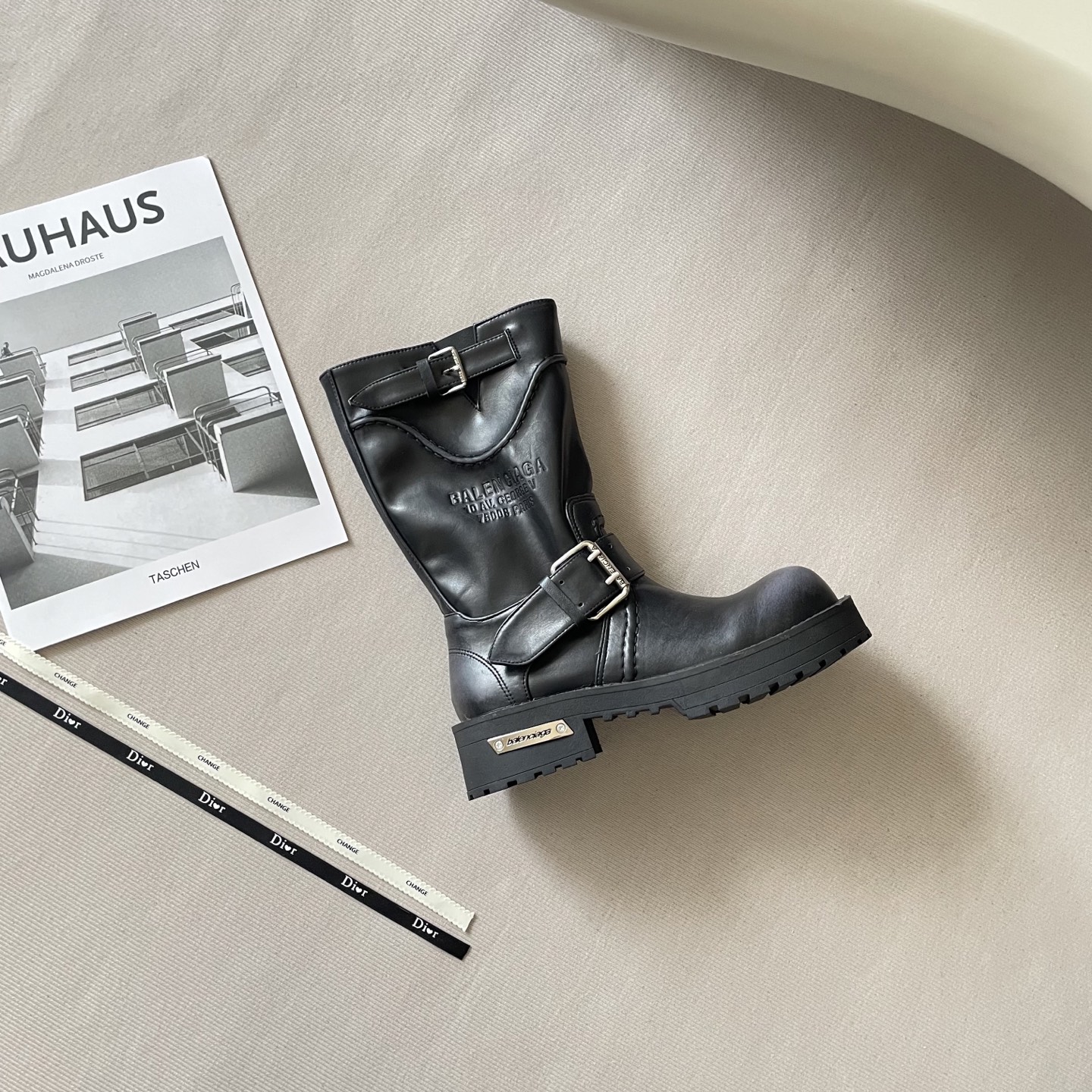 Balenciaga Strike Black Leather Multi-Buckle Strap Embossed Logo Mid-Calf Combat Boots - KAIROO