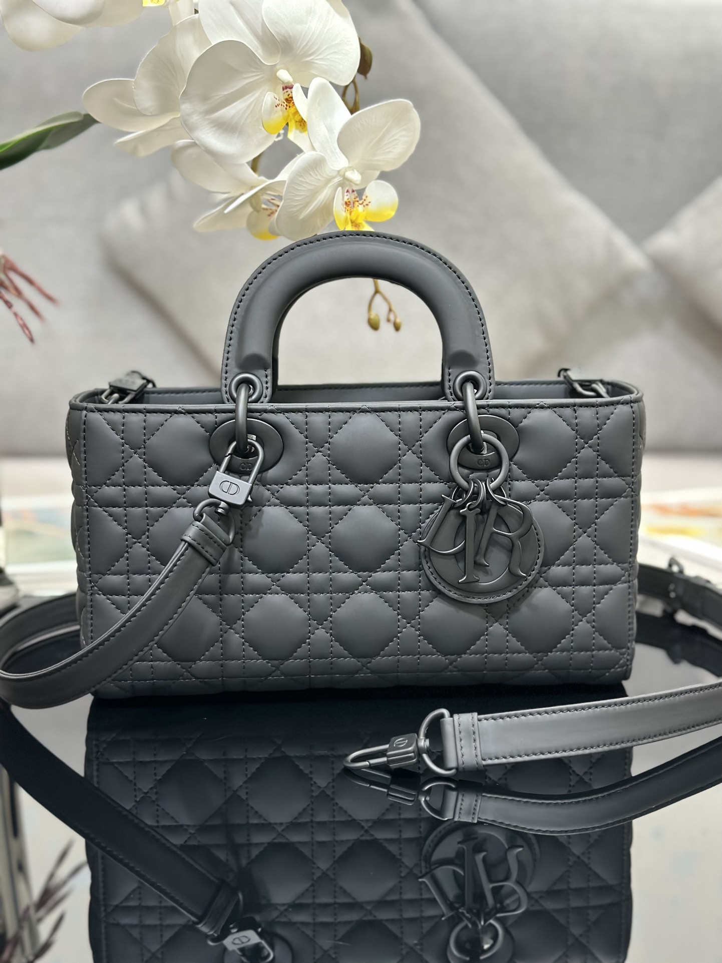 Medium Lady D-Joy Bag in Black Cannage Ultramatte Calfskin 
