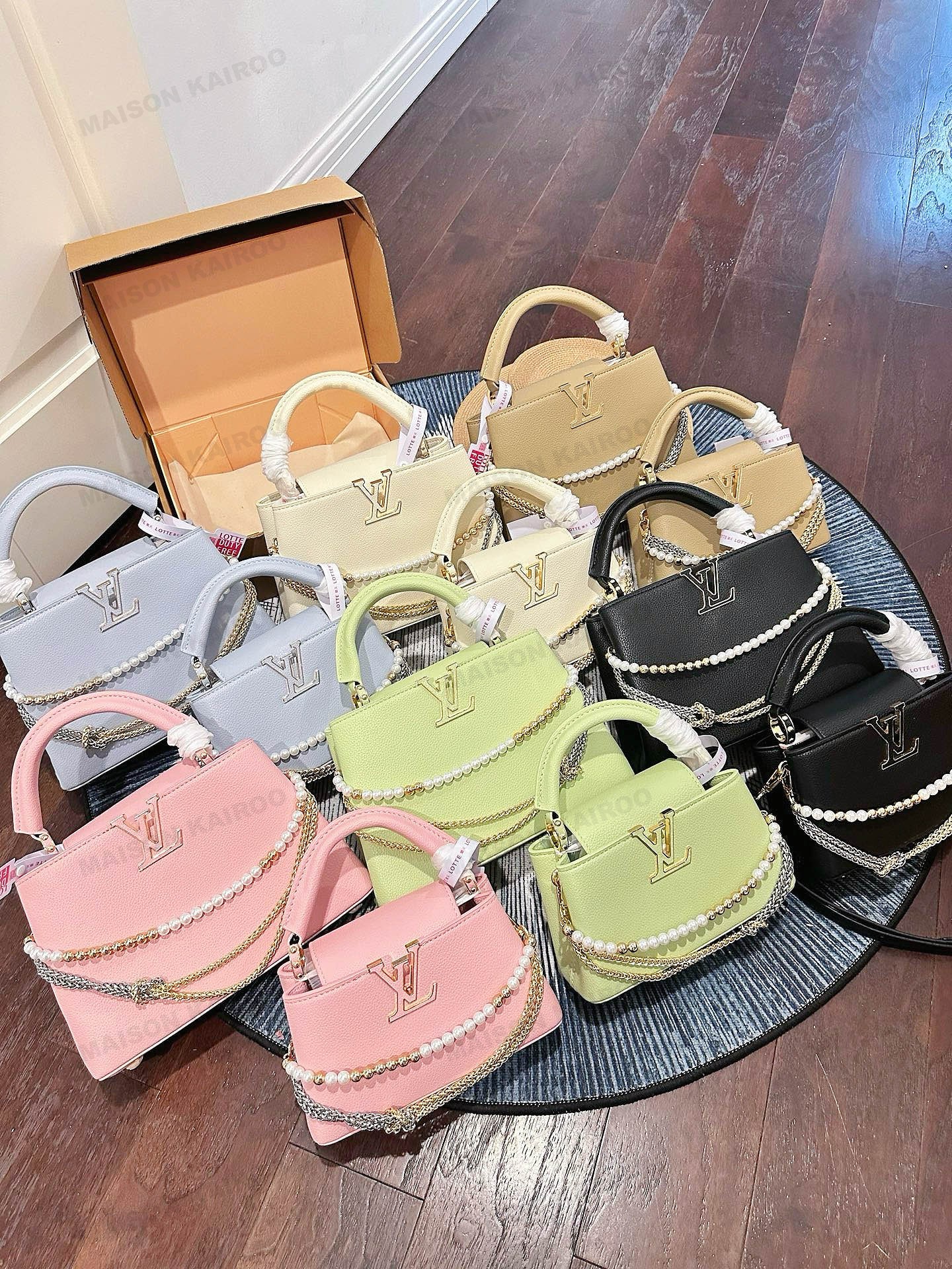 Louis Vuitton LV Capucines BB/Mini Pastel Grained Leather Tone Logo Dual Pearl Chain Flap Top Handle Bag - KAIROO