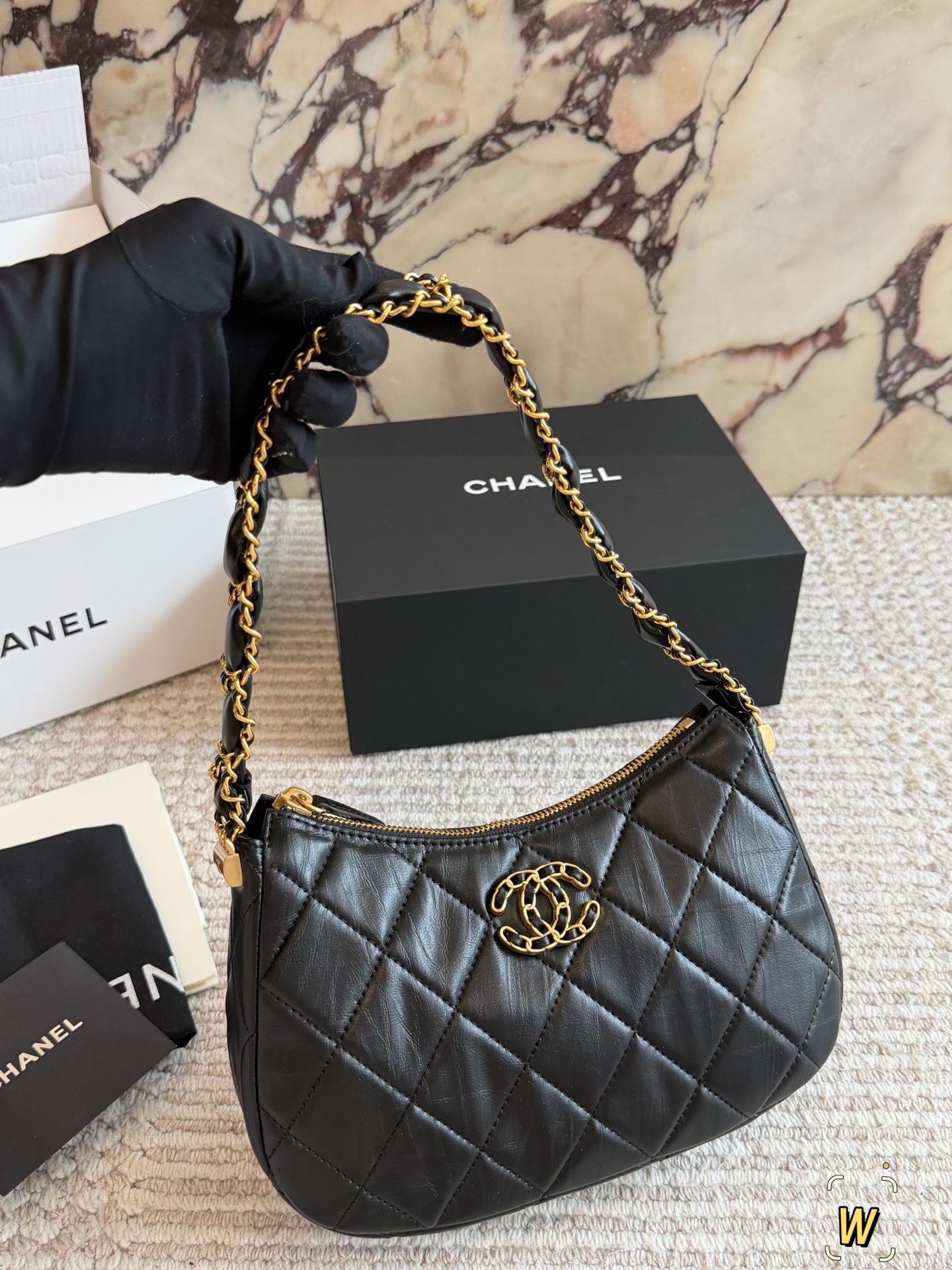 Chanel Quilted Leather Interlaced Leather Chain CC Logo Underarm Handle Shoulder Hobo Bag - KAIROO
