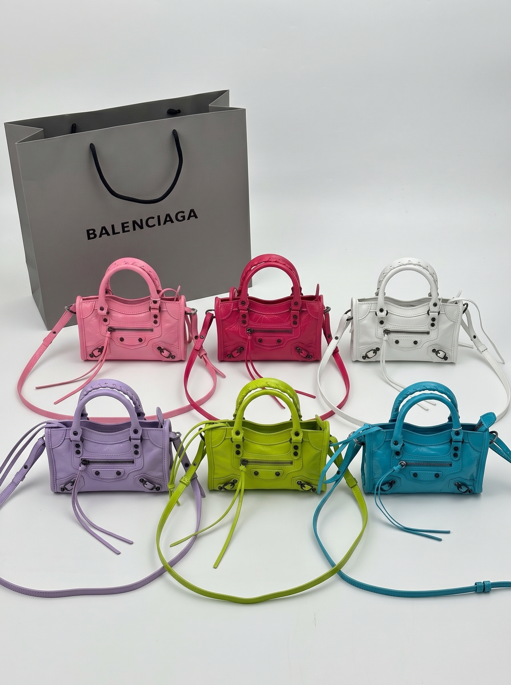 Balenciaga Le City Mini Multi-Color Crinkled Leather Studded Braided Handheld Crossbody Bag - KAIROO