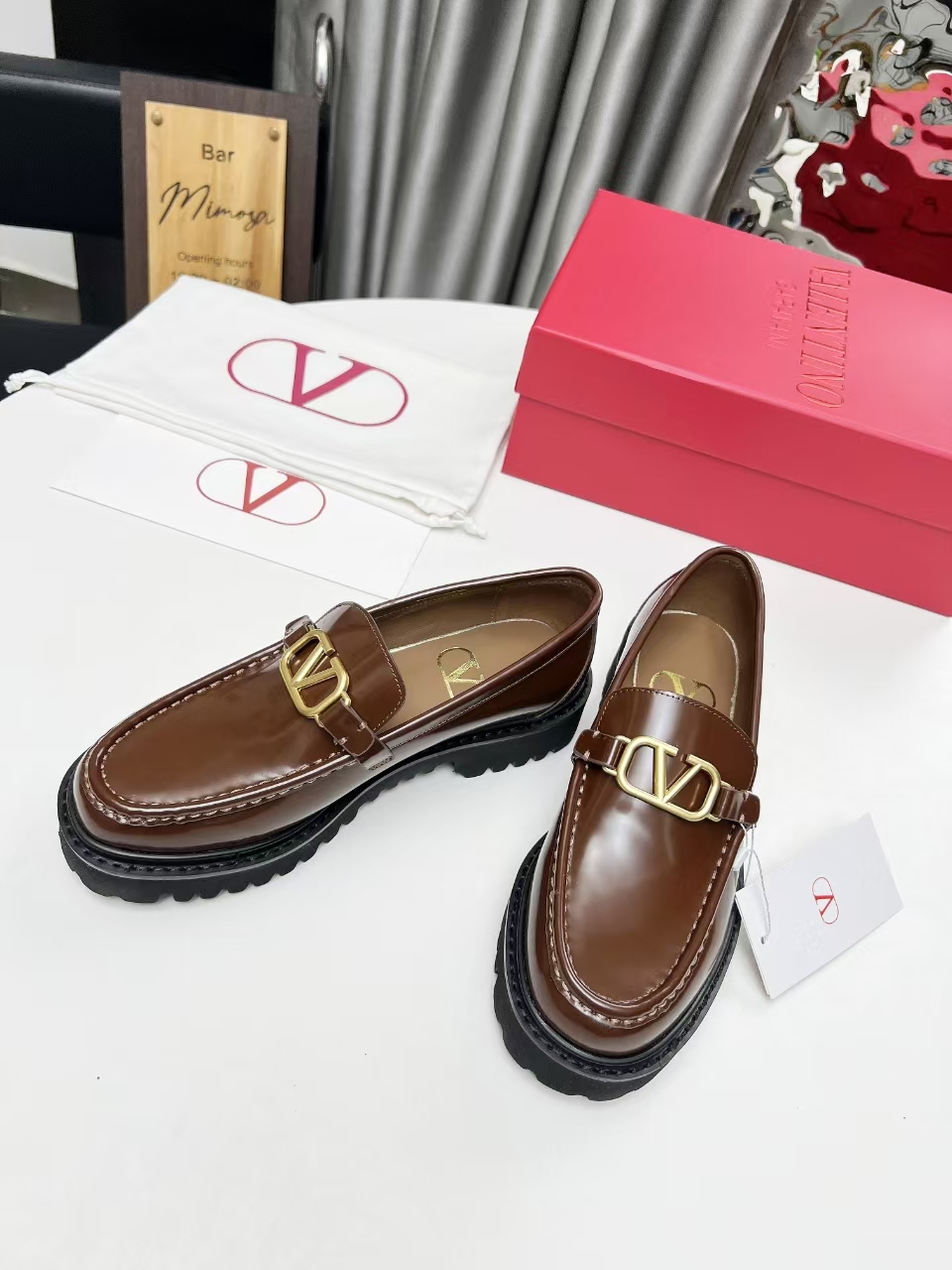 Valentino Garavani Brown Shiny Leather Gold VLogo Signature Lug Sole Platform Loafers - KAIROO