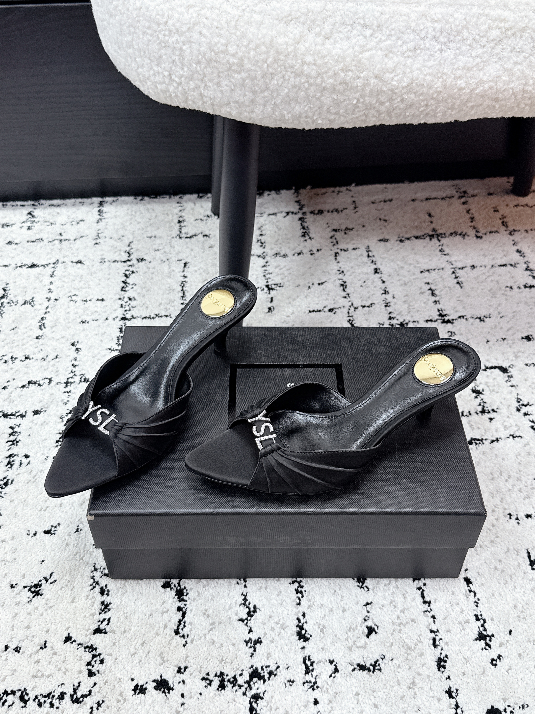 Saint Laurent Black Jerry Mules in Satin and Rhinestones