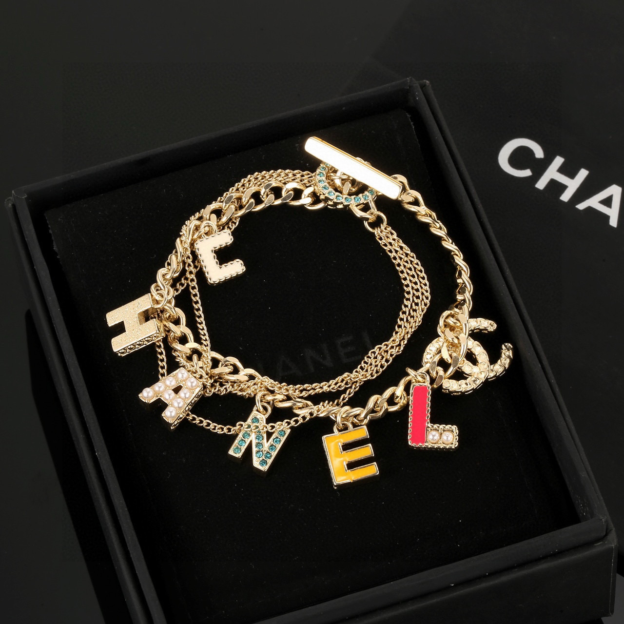 Chanel Multi-Chain CHANEL Letter Crystal/Pearl Colorful Charm Toggle Bracelet - KAIROO