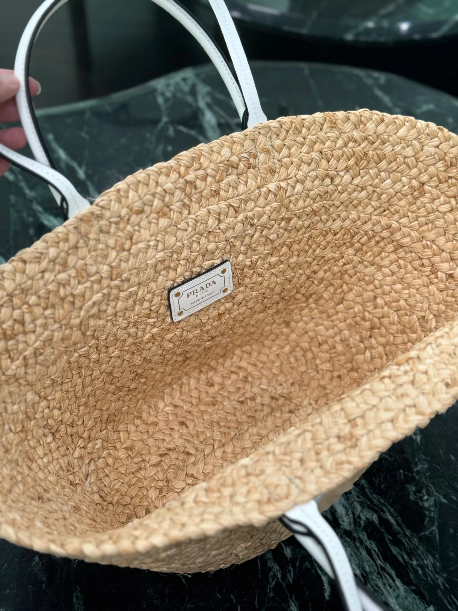 Prada LARGE TOTE BAG 56 IN BEIGE RAFFIA GRASS AND WHITE CALFSKIN TRIM