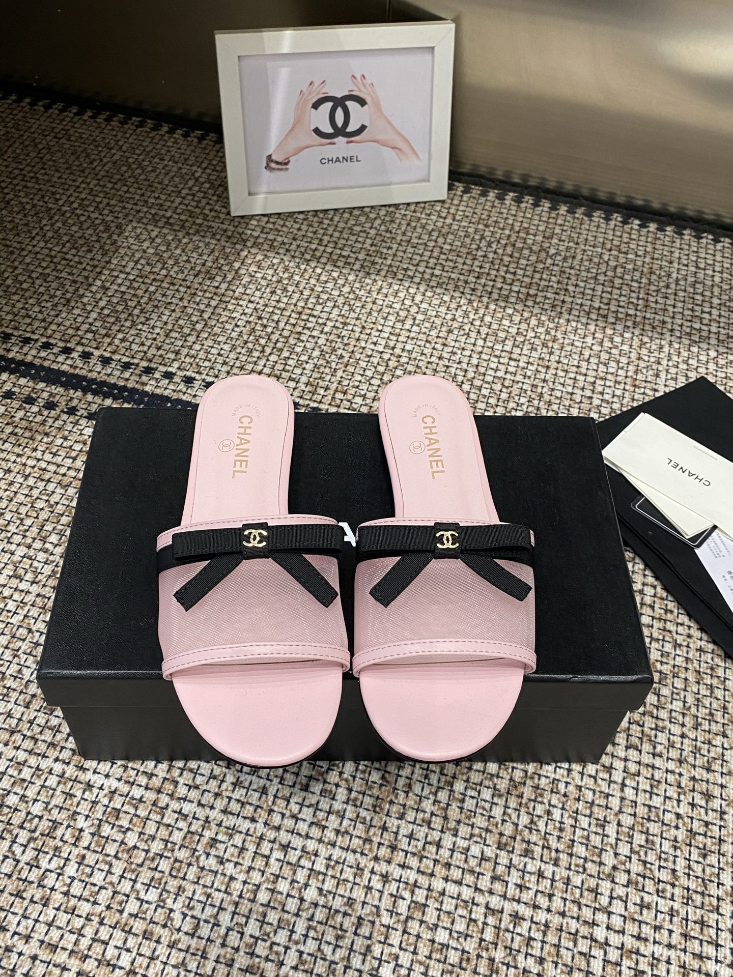 Chanel Mesh Black Bow Gold CC Logo Leather Open-Toe Single-Strap Slide Sandals - KAIROO