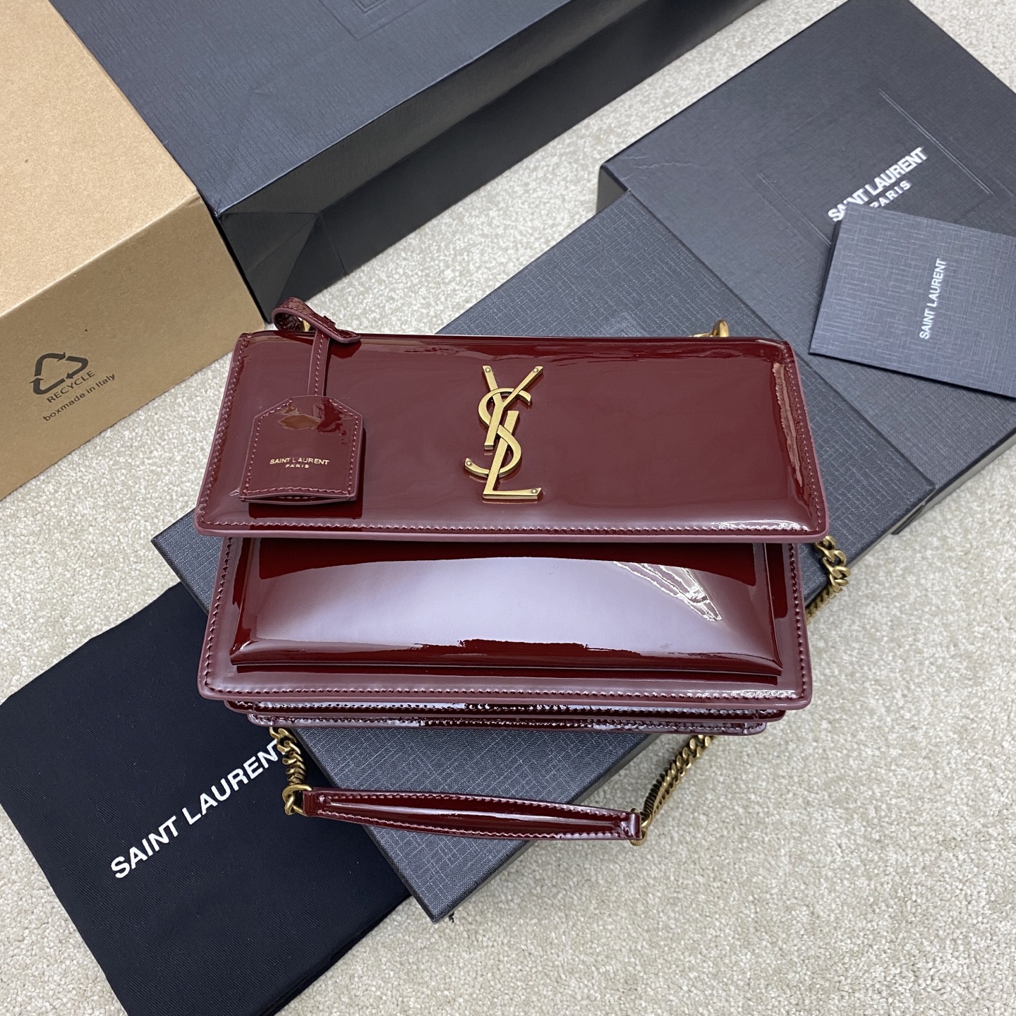 Saint Laurent Burgundy Patent Calfskin Sunset Medium Bag