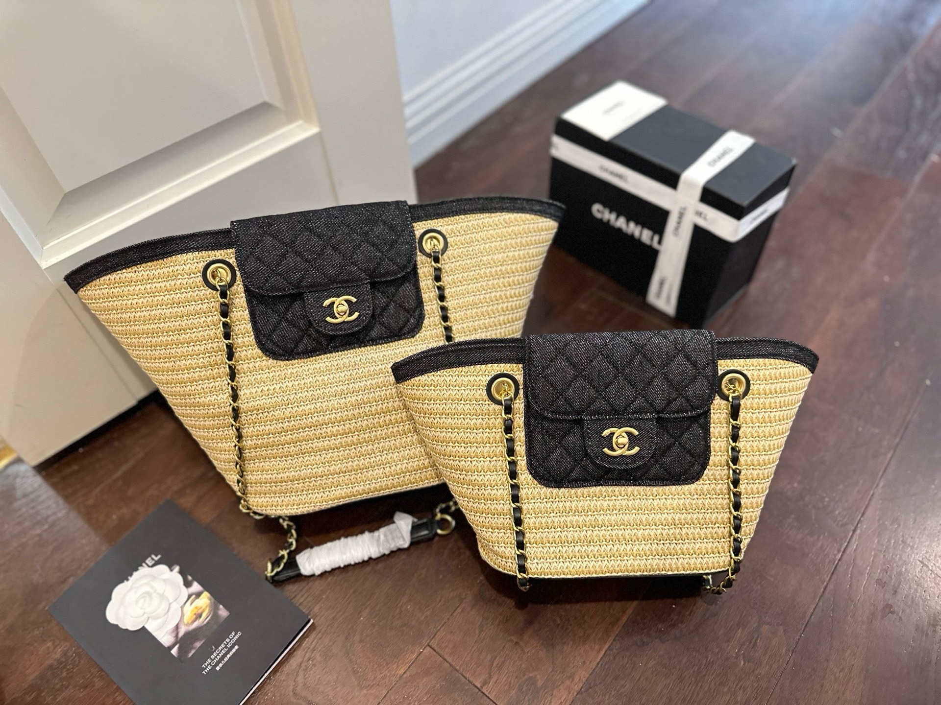 Chanel Small/Large Raffia Straw Denim Quilted Turn-lock Basket Shopping Tote Bag With Pouch - KAIROO