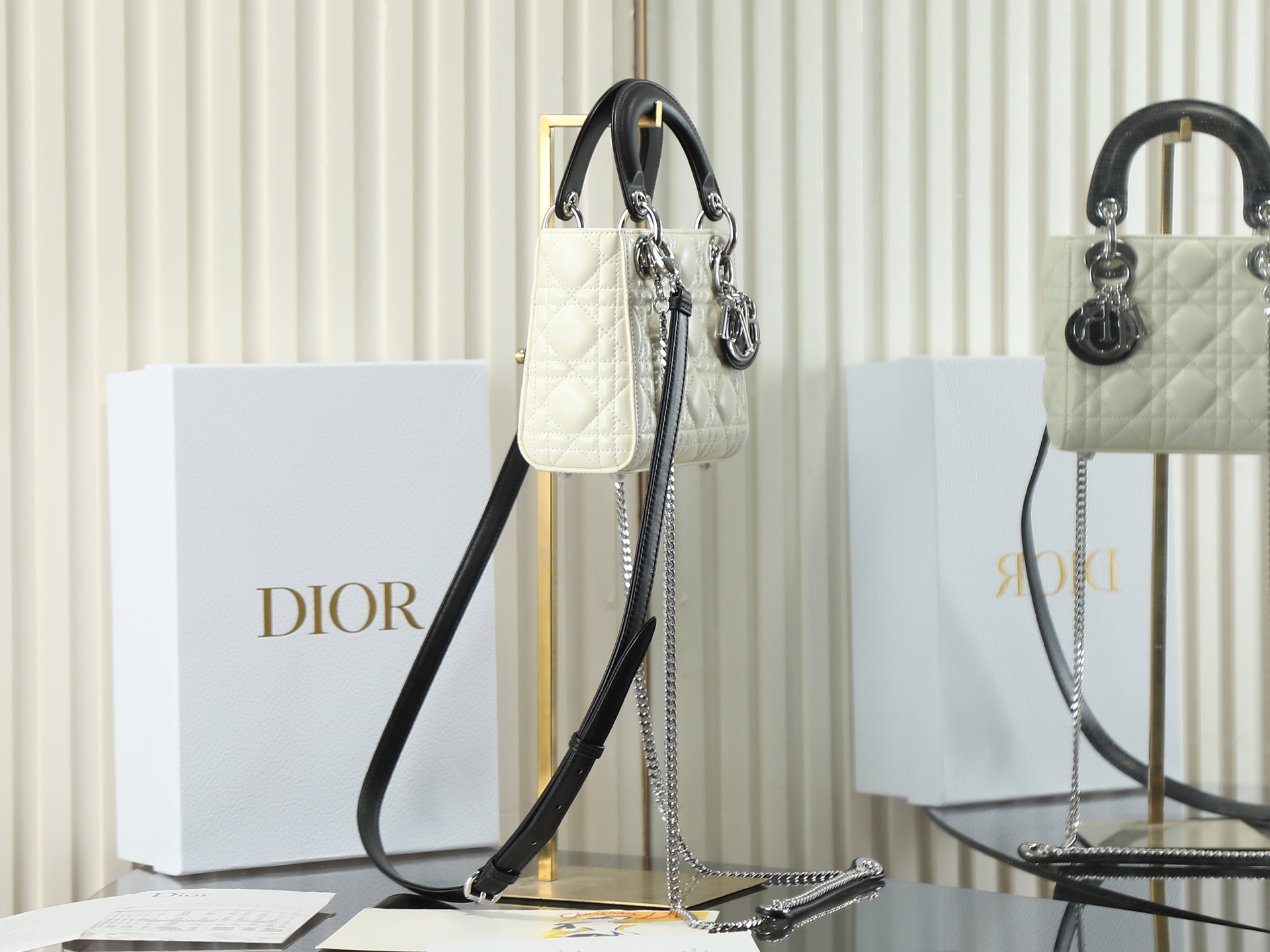 Dior Lady Three Grid Black with White Handbag