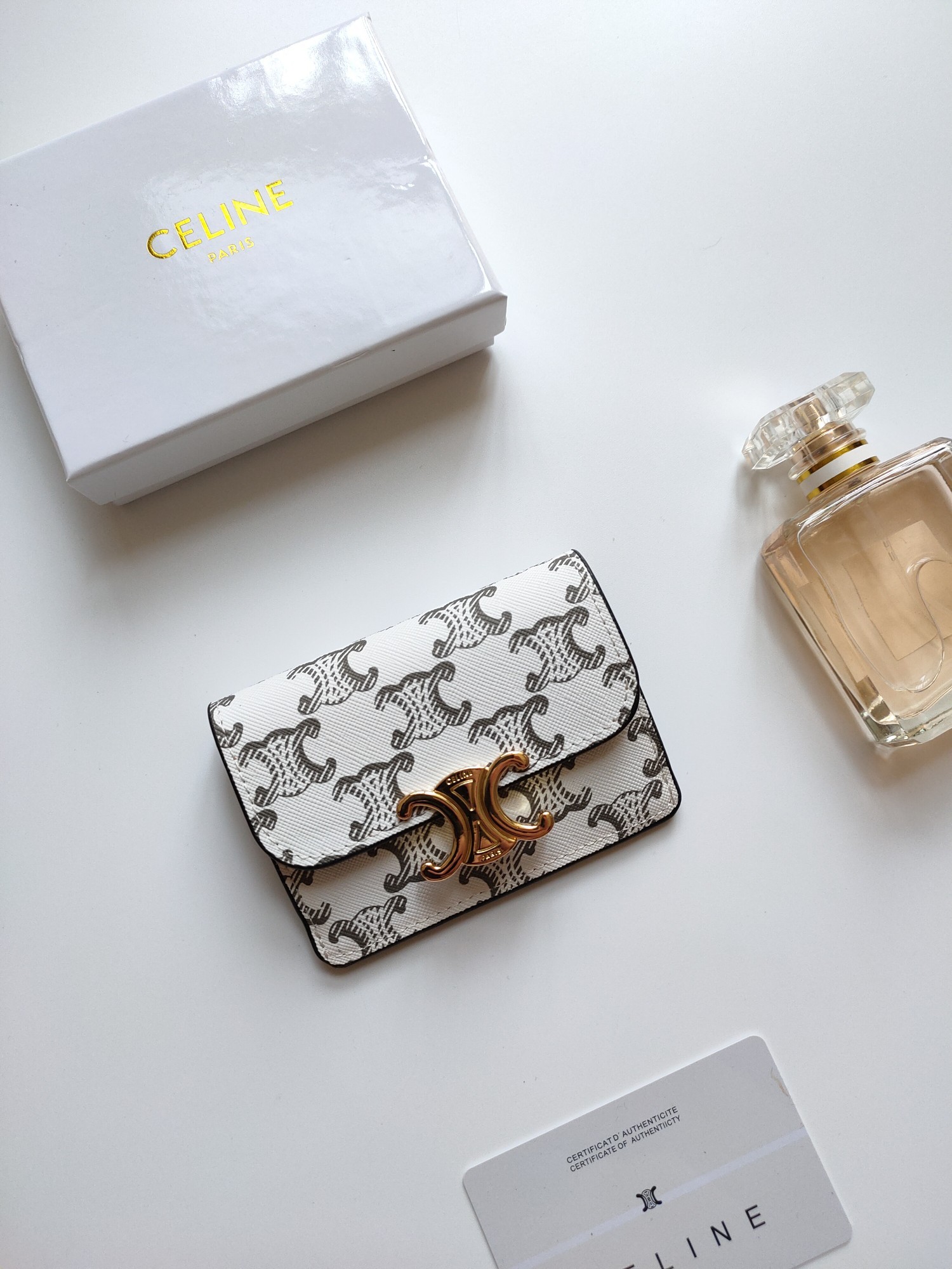 Celine Triomphe Monogram Canvas with Gold Triomphe Buckle Flap Card Holder - KAIROO