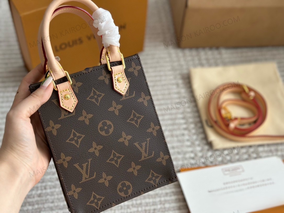 Louis Vuitton LV Petit Sac Plat Mini Macassar Light Brown Monogram Canvas Vertical Crossbody Tote Bag - KAIROO