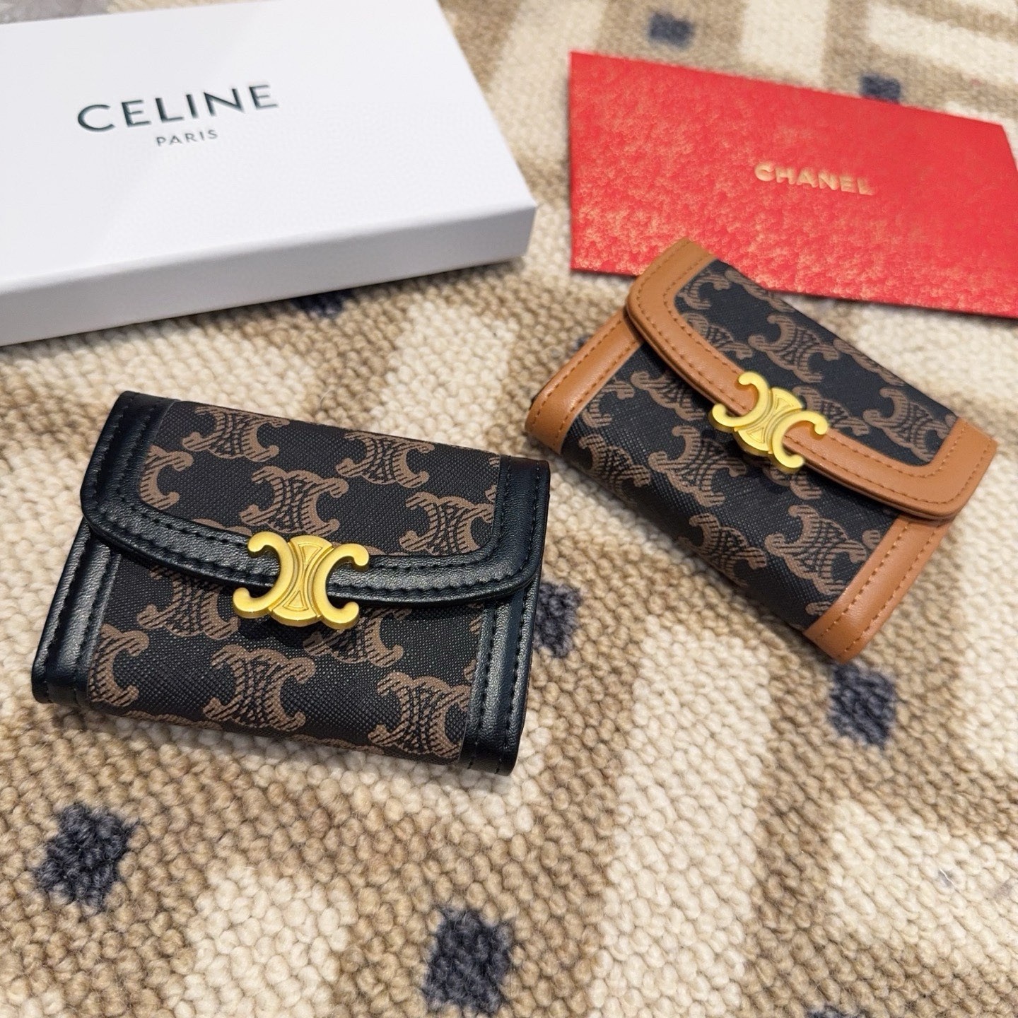 Celine Iconic Triomphe Canvas and Tan Leather Trim Metal Buckle Short Tri-fold Wallet - KAIROO