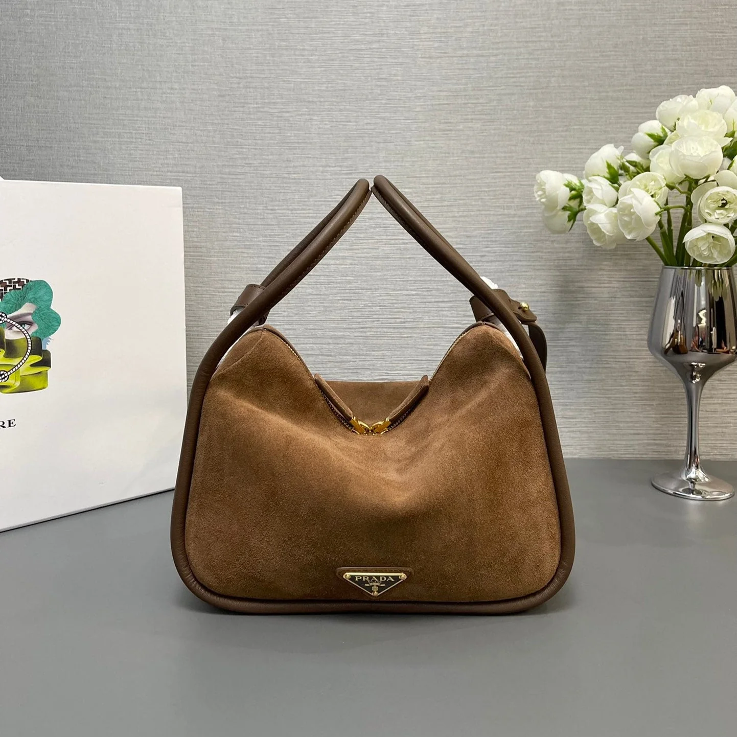 Prada BOWLING BAG 25 IN ASH BROWN SUEDE AND CALFSKIN TRIM GOLD LOGO