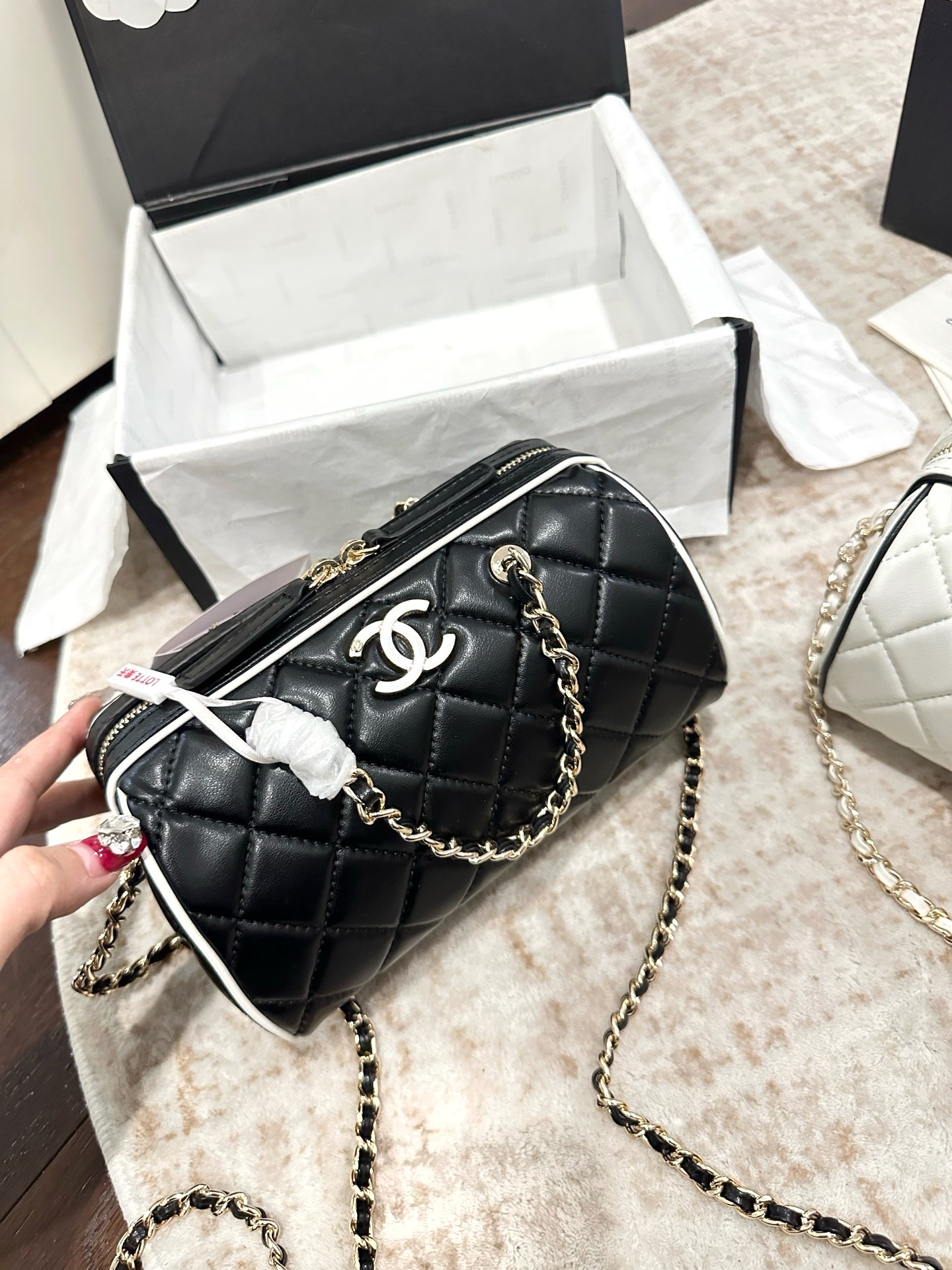 Chanel Mini Quilted Leather Enamel CC Logo Chain Handles Contrast Trim Boston Bowling Bag - KAIROO