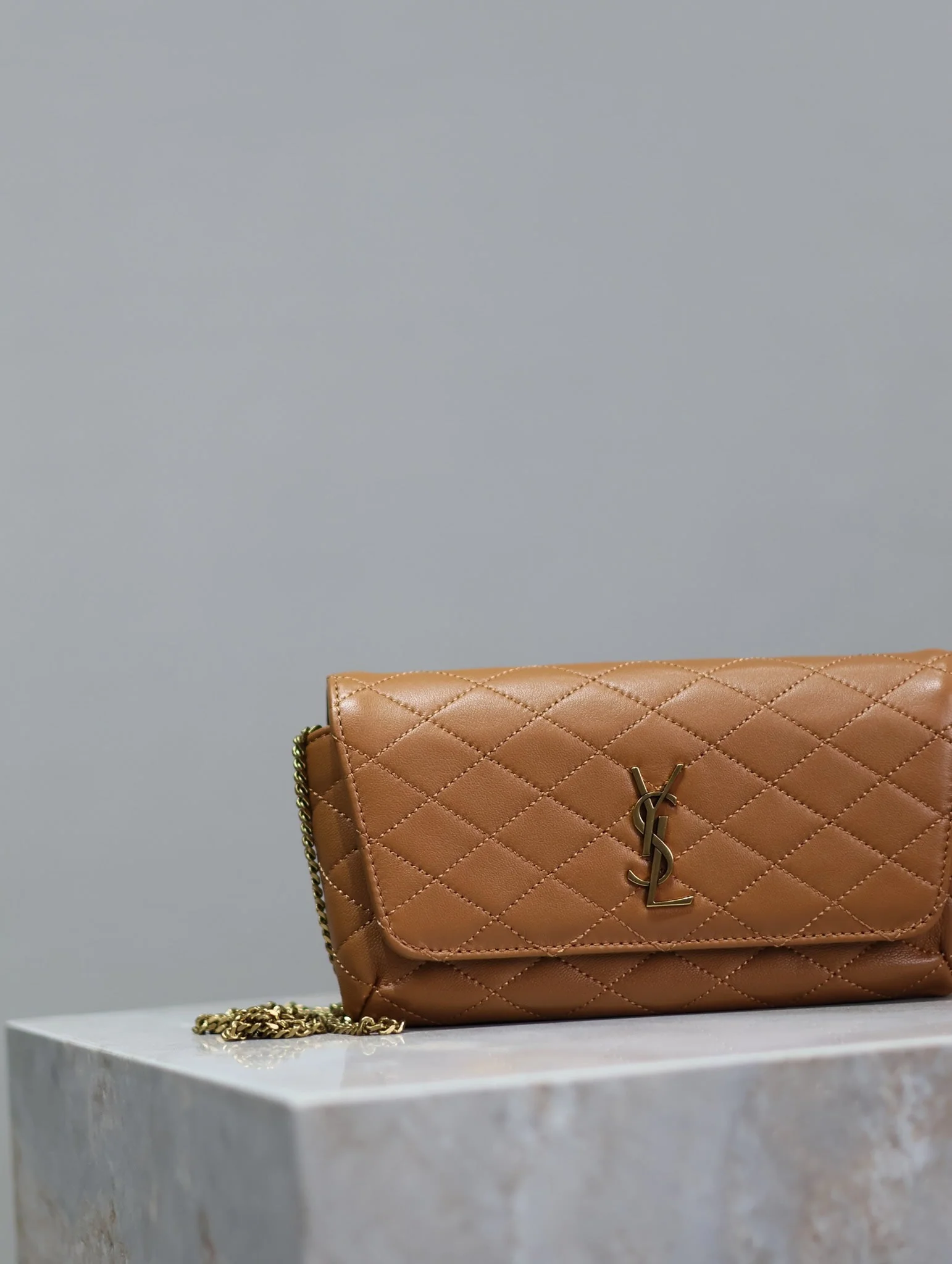 Saint Laurent YSL Gaby Phone Bag 19cm Light Brown Quilted Leather GHW