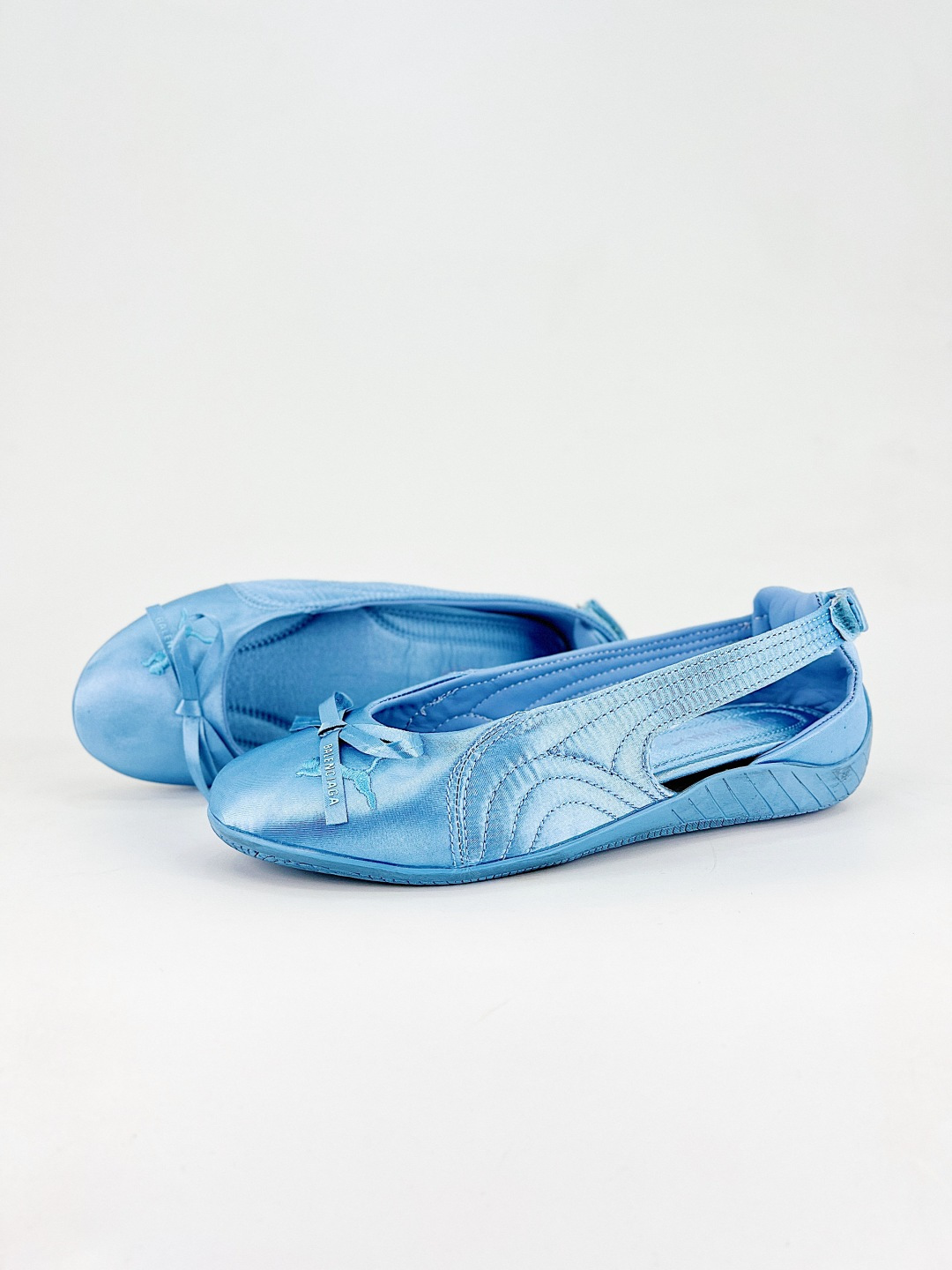 Balenciaga x Puma Blue Speedcat Round Toe Distressed Satin Bow Elasticated Hook Ballet Flats - KAIROO