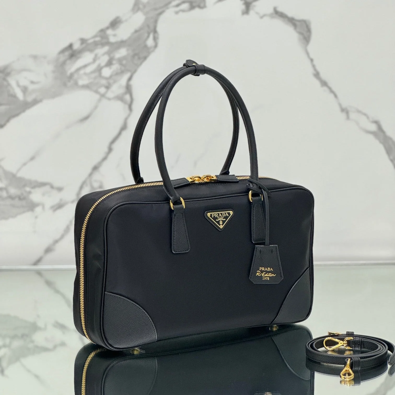 Prada LARGE TOP HANDLE BAG 35 IN BLACK NYLON AND CALFSKIN TRIM
