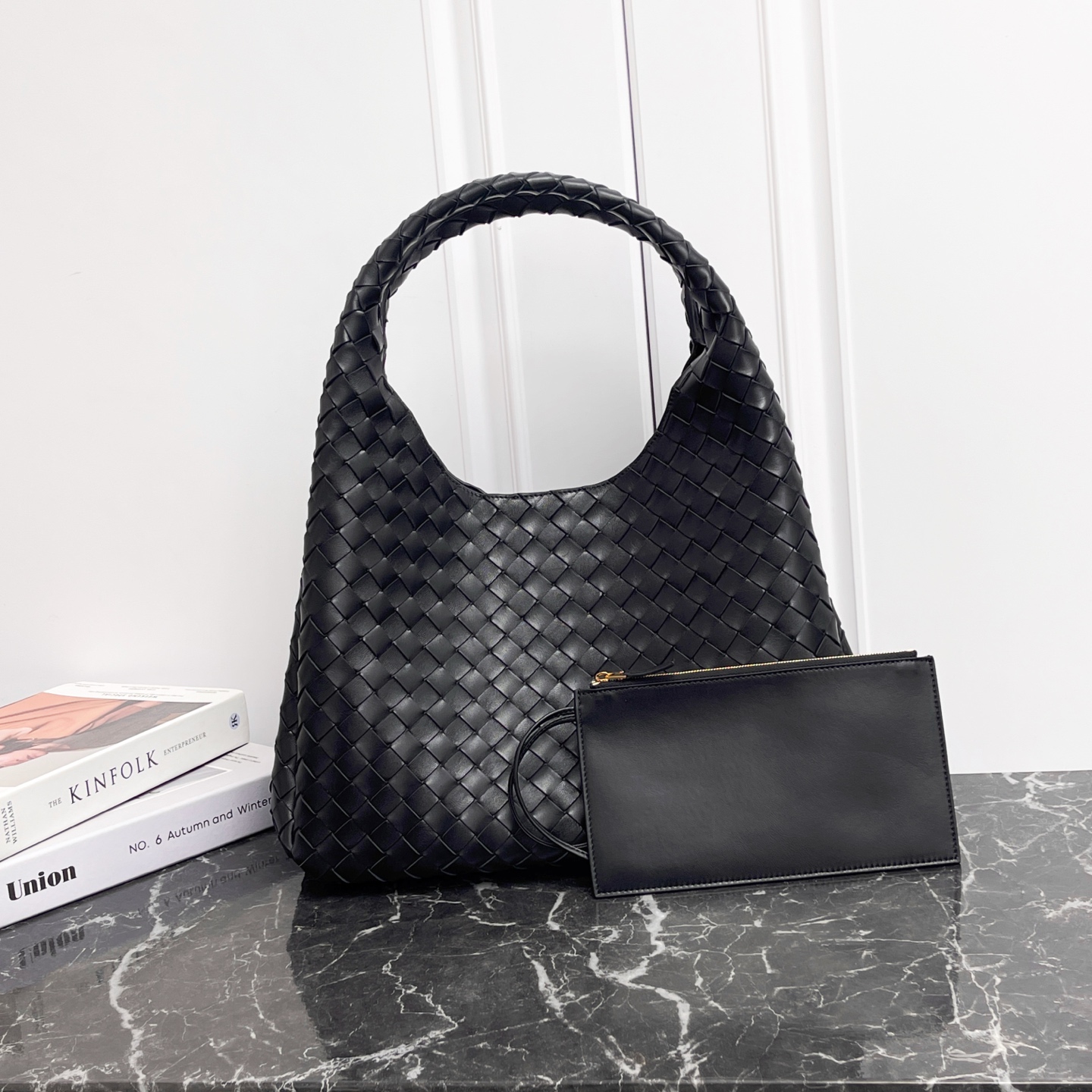 Bottega Veneta Large Campana Shoulder Bag in Black Intrecciato Leather