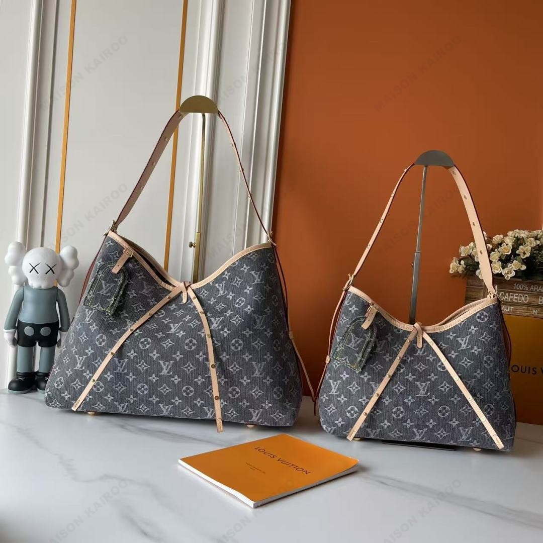 Louis Vuitton LV Carryall PM/MM Grey Denim Jacquard Monogram Bow Vachetta Leather Hobo Tote Shoulder Bag - KAIROO