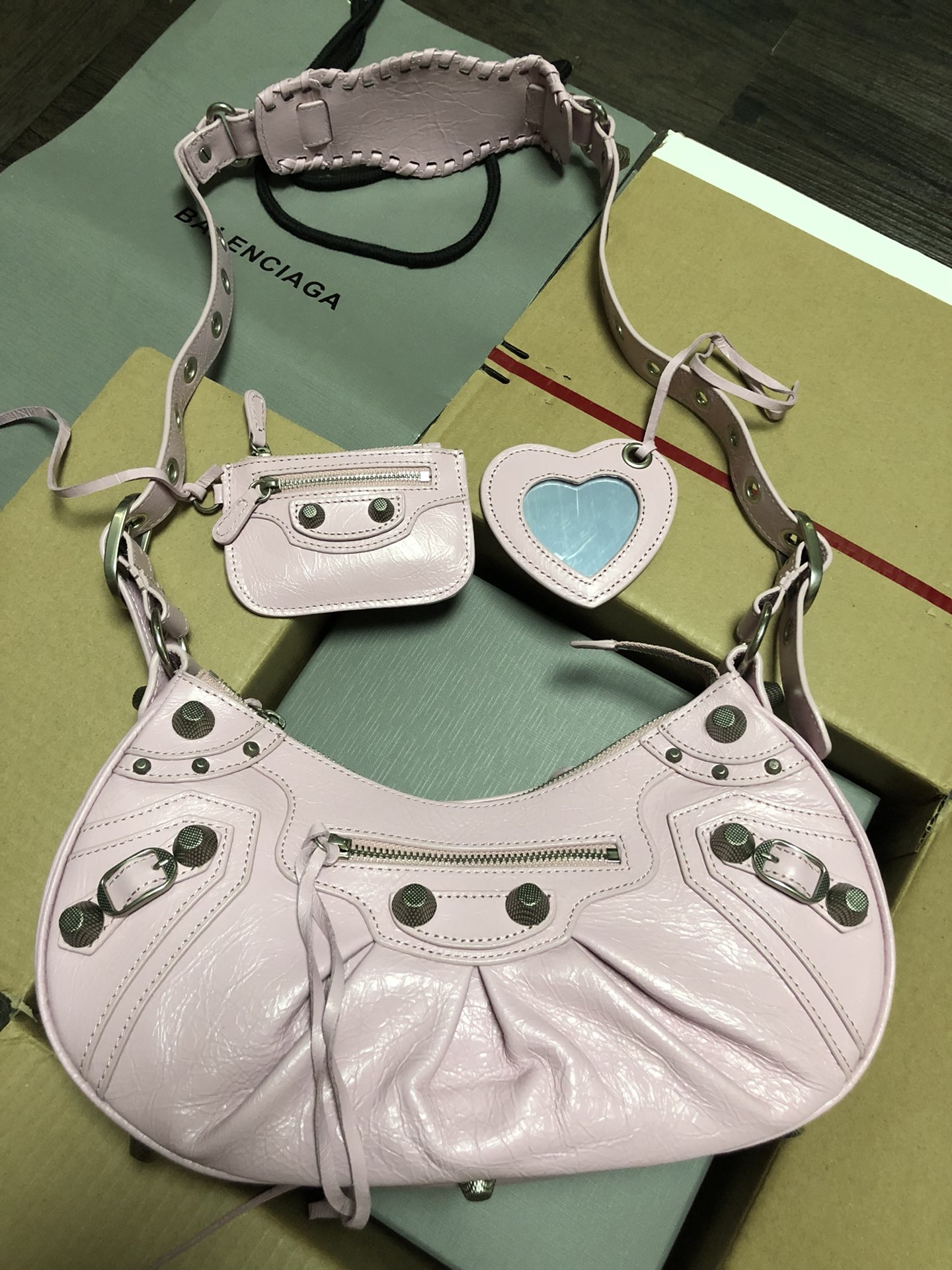 Balenciaga Le Cagole Light Pink Crinkled Leather Studded Purse& Heart Mirror Charm Hobo Shoulder Bag - KAIROO