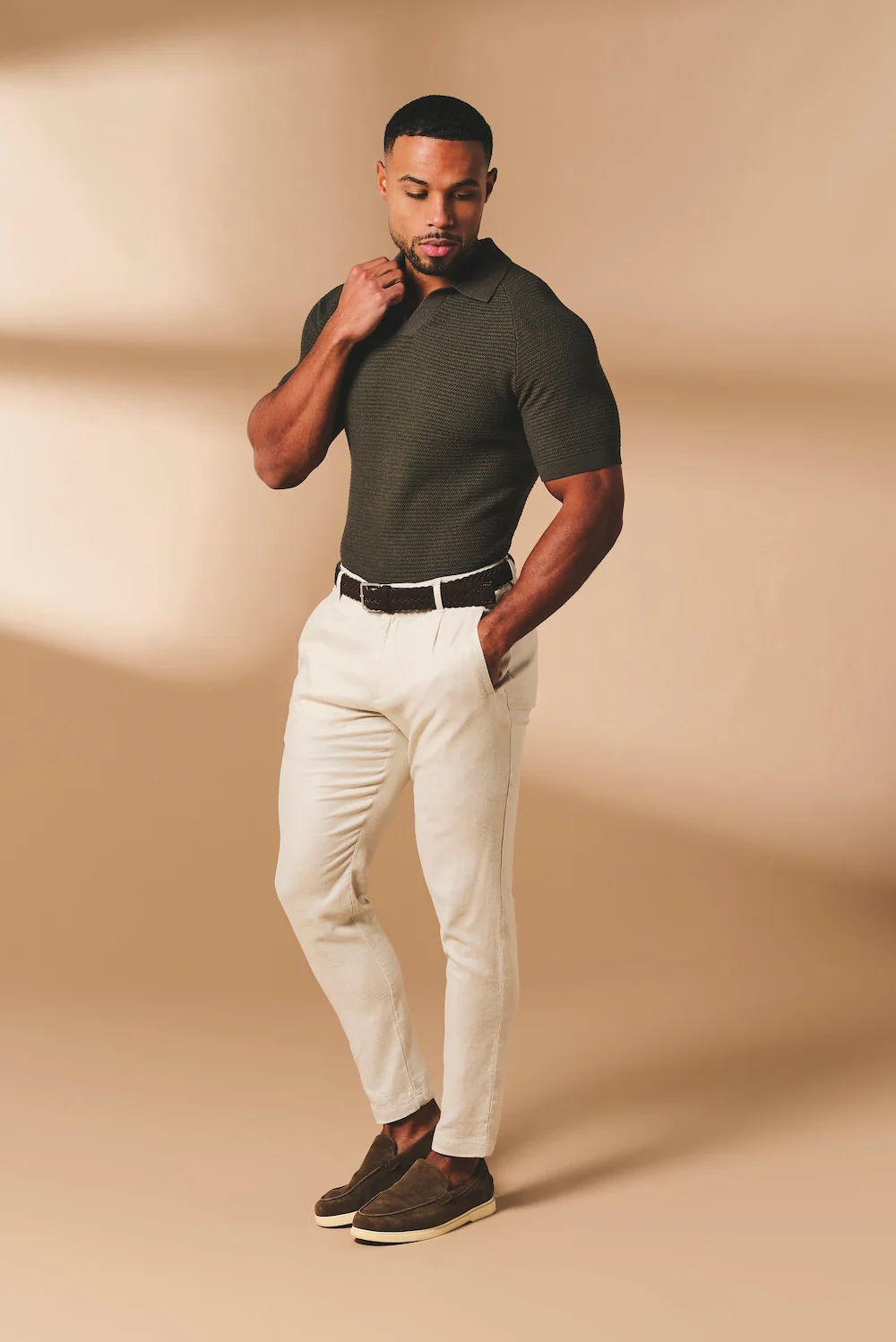 Textured Knitted Open Collar Polo Shirt in Dark Olive