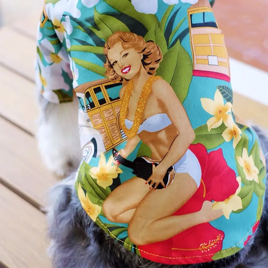 Fashion Pet Dog Hawaiian Flower Retro Shirt Small Medium Dogs French Bulldog Schnauzer Summer T-shirt Clothes Pug Costume GZC39
